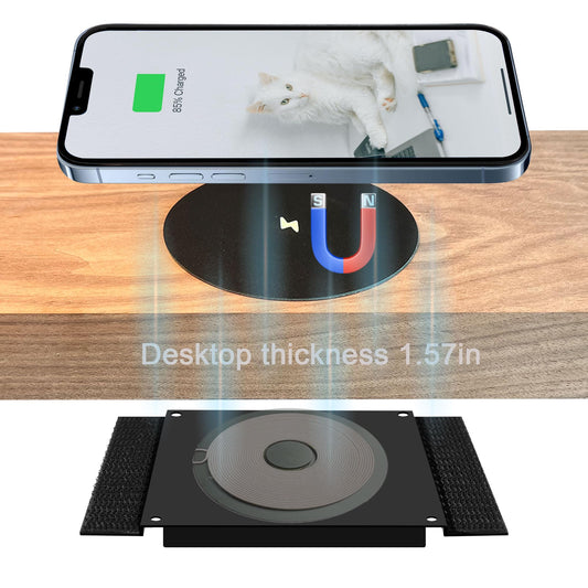 UUMAO Cargador inalámbrico magnético invisible de 40 mm, para debajo del computadora, 15 W, almohadilla de carga inalámbrica para muebles Magsafe iPhone 15/14 (con adaptador de PD) (bobina adhesiva de