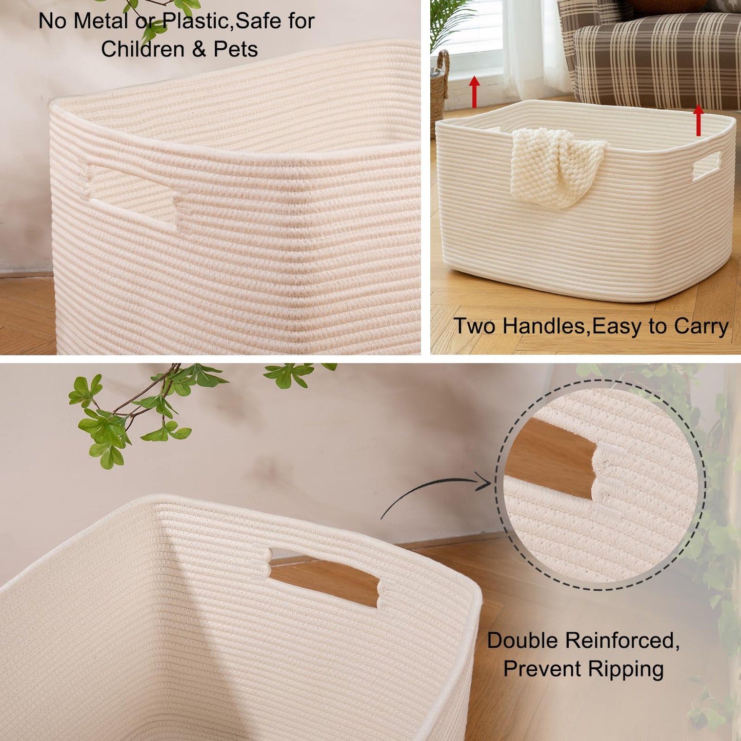 OIAHOMY - Cesta rectangular grande de 96 L, cesta tejida de algodón para almacenamiento, cesta de ropa sucia para sala de estar, guardería, recámara, organización de juguetes con asa, 24 x 16 x 15
