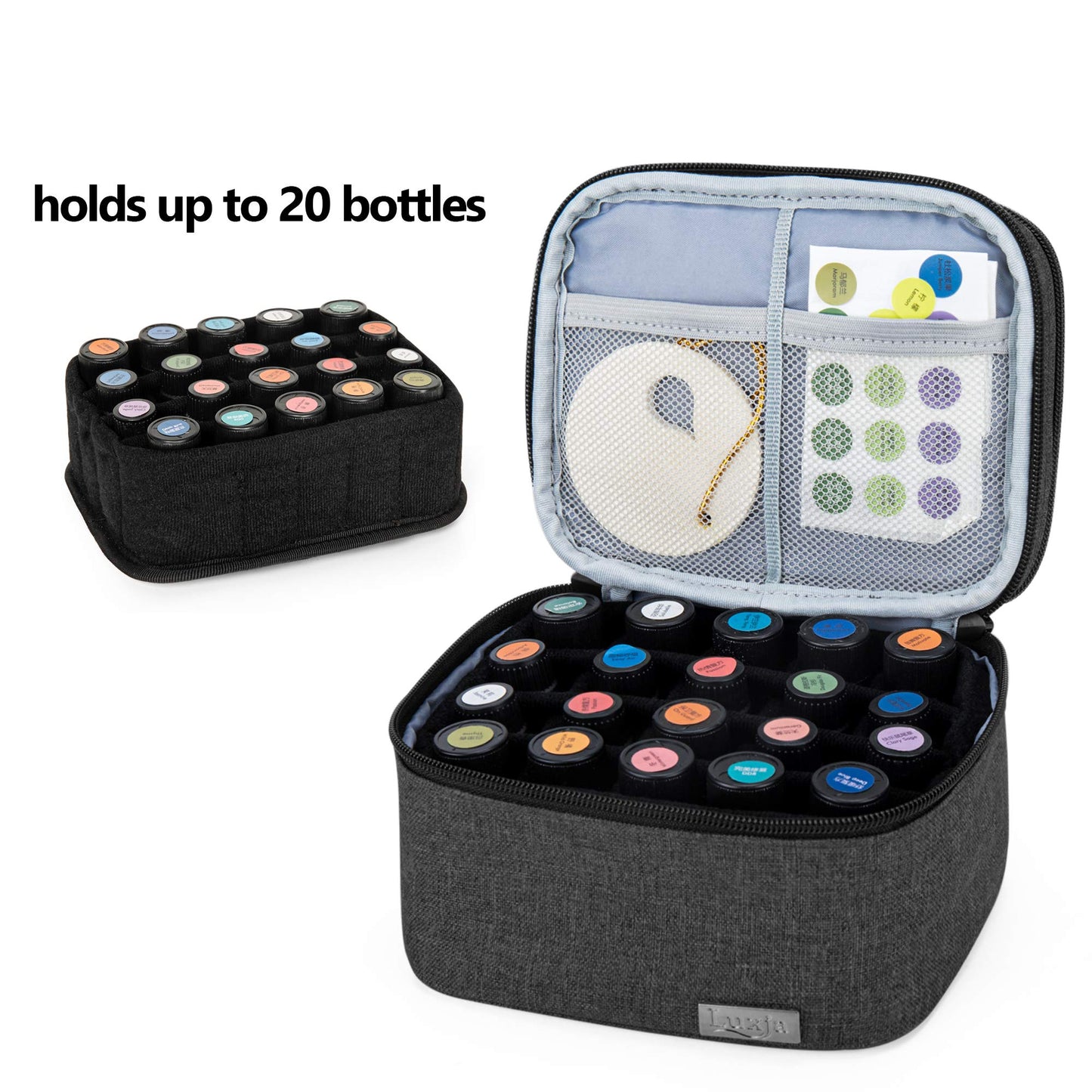 (Fit for 20 bottles, Black) - LUXJA Essential Oils Bag - Holds 20 Bottles (5ml-30ml, Also Fits for Roller Bottles), Double-Layer Organiser for Essential Oil and Accessories, Black