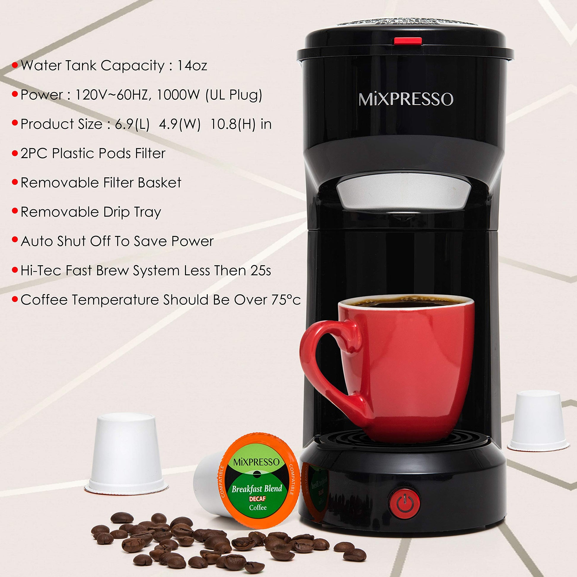 Cafetera Monodosis Mixpresso Diseño Original Compatible K Cup para Viaje