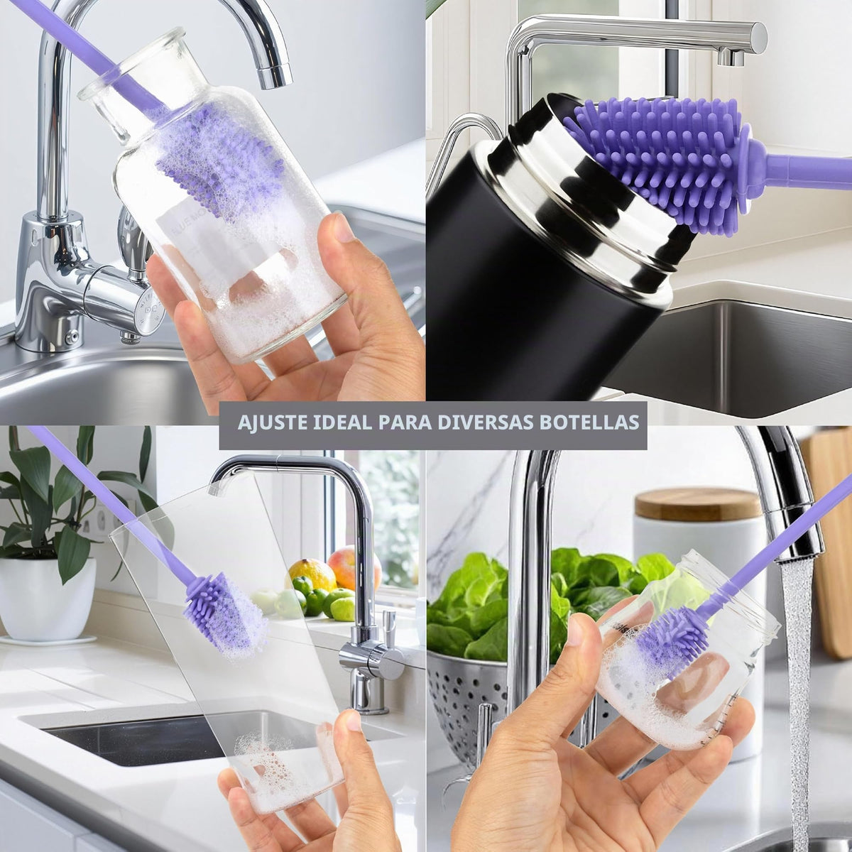 A-Brush - Cepillo para Polvo Limpiador de Botellas de Silicona sin BPA, Mango Largo, Ideal para Botellas de Agua de Vidrio y plástico, para Botellas de Agua (Juego de 3 Piezas de Color Morado Claro)