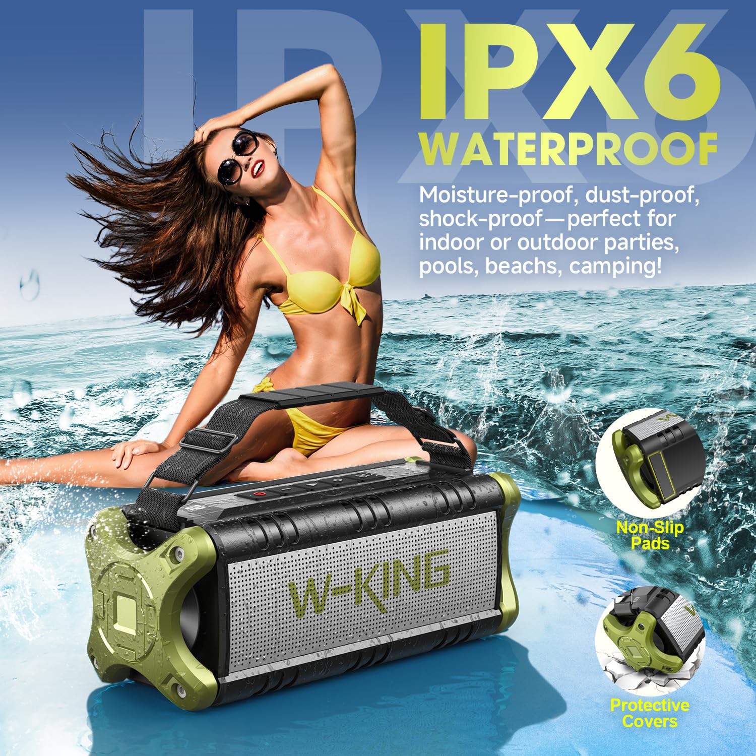 W-KING Altavoz Bluetooth de 90W, Altavoces inalámbricos portátiles Impermeables con 24 Horas de reproducción, Enorme batería, Graves potentes mejorados, subwoofer con NFC para Interiores y Exteriores