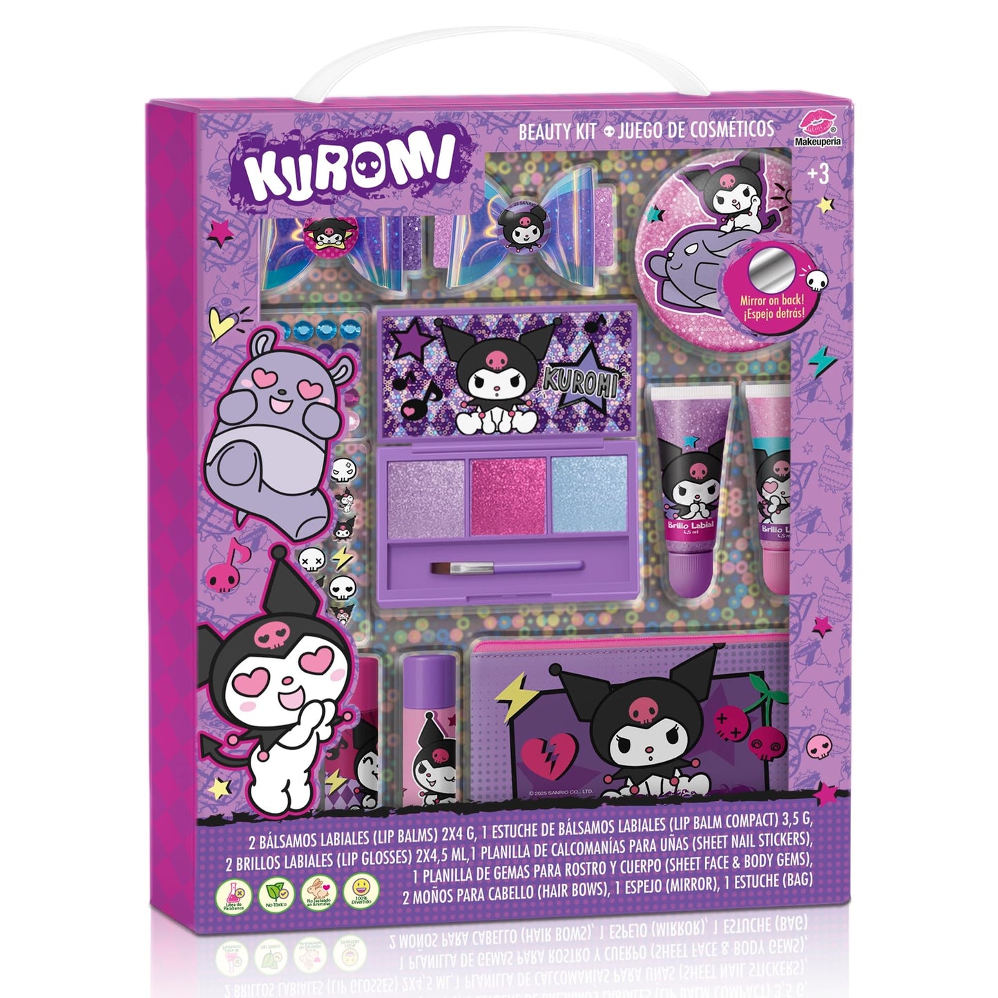 MAKEUPERIA Maquillaje para Niñas de Kuromi, Set de Maquillaje Infantil Lavable con Bálsamos, Brillos, Paleta con Brocha, Clips, Espejo y Bolsa de PVC, Regalo Seguro y Adorable