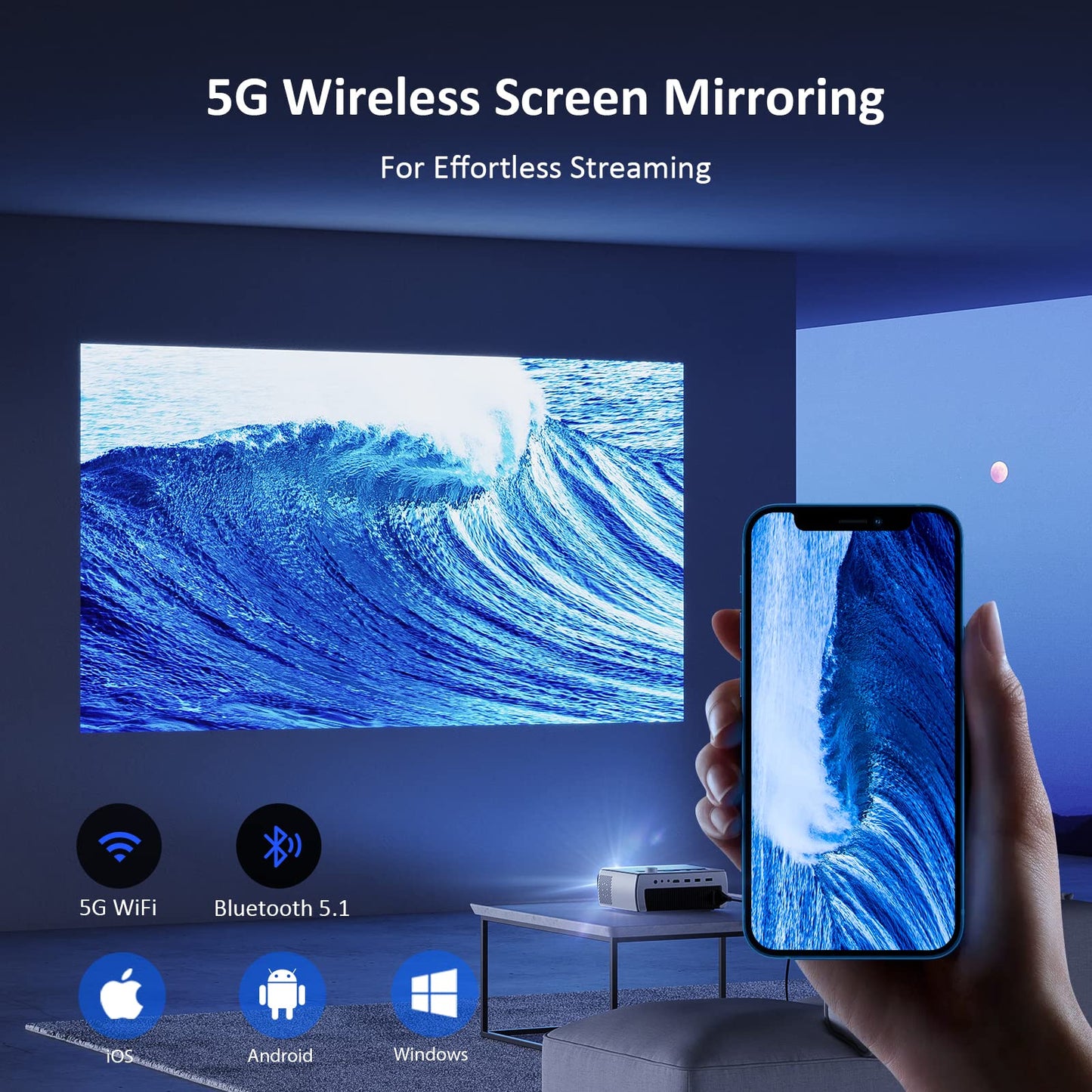 NexiGo - Proyector Bluetooth WiFi PJ10, 300ANSI, proyector de película nativo 1080P, soporte Dolby_Sound, control remoto, compatible con teléfono, computadora, HDMI, USB, interfaces AV