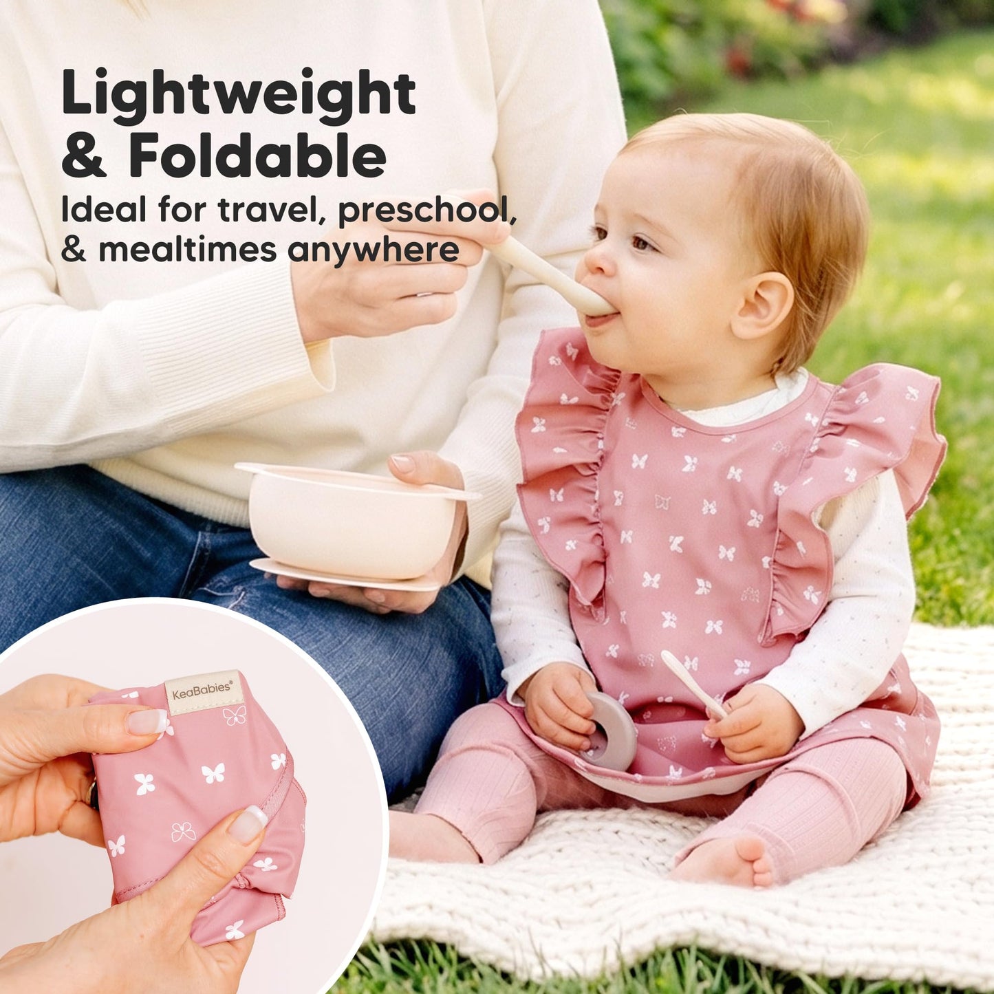 KeaBabies - Baberos impermeables para bebé niña, niño, paquete de 2 baberos ligeros y grandes para comer, colector de alimentos portátil, esenciales de alimentación para bebés de 6 a 12 meses, bata