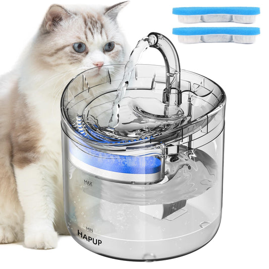 Fuente de agua para gatos HAPUP, dispensador de agua para perros, de 1.8 litros, fuente automática de agua potable transparente para mascotas, mejorada con dos filtros de repuesto, una bomba silenciosa de agua ajustable