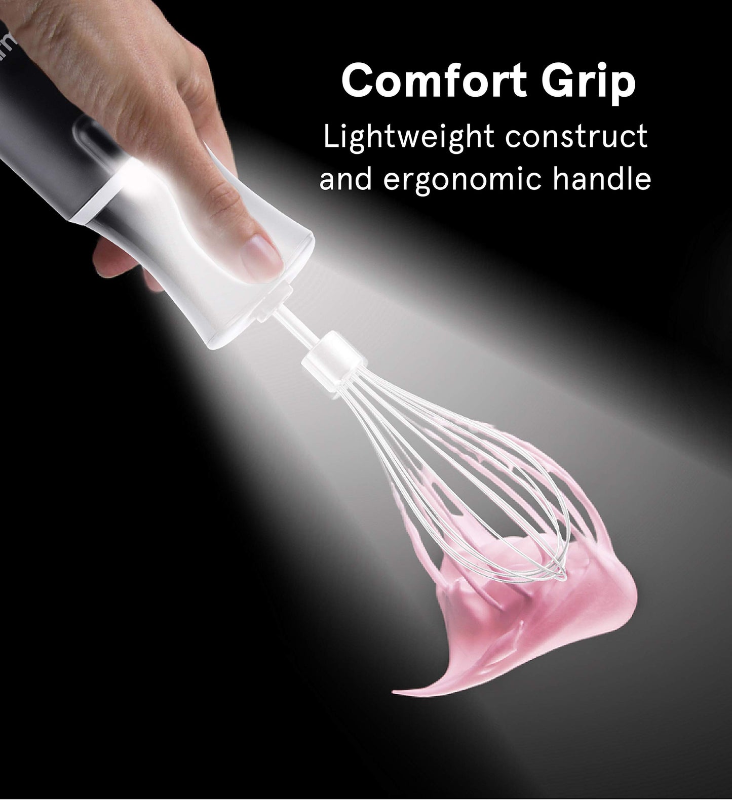 Gourmia GHB2360 Batidora de mano de inmersión iluminadora de 12 velocidades con modo turbo - Mango ergonómico cómodo - Accesorio de batidor incluido - Foco LED integrado - Motor de 300 W - Negro