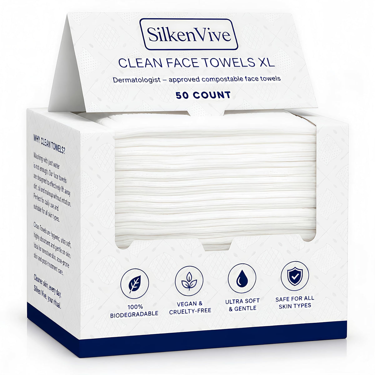 SilkenVive Toallas faciales desechables Clean Towels XL (50 unidades, 25x30 cm) – Toallitas desmaquillantes secas, paños faciales ultrasuaves sin pelusa, biodegradables para una piel limpia.
