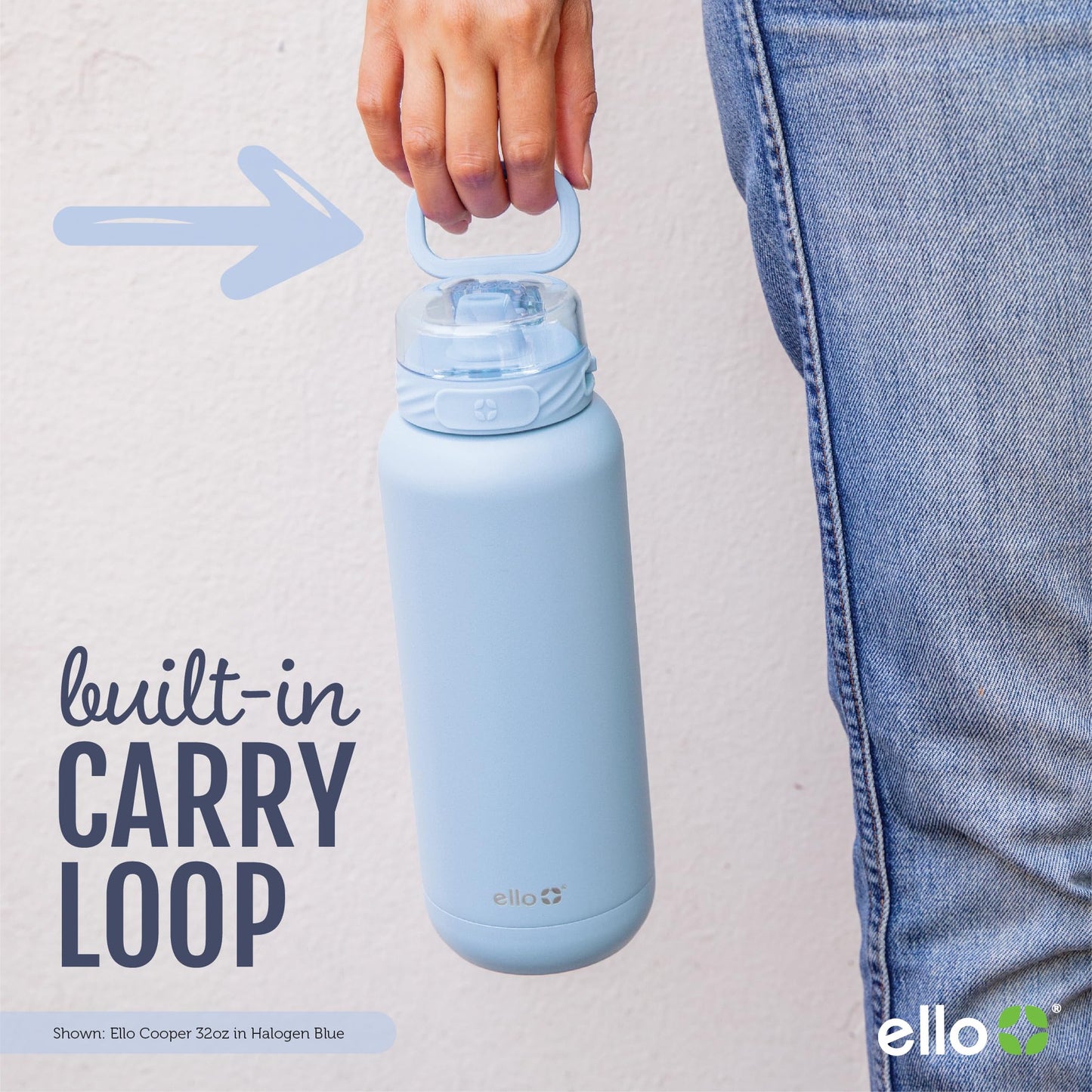 Botella de Agua Ello Cooper Azul Acero Inoxidable 32 Onzas con Popote y Asa Doble Pared Aislada a Prueba de Fugas