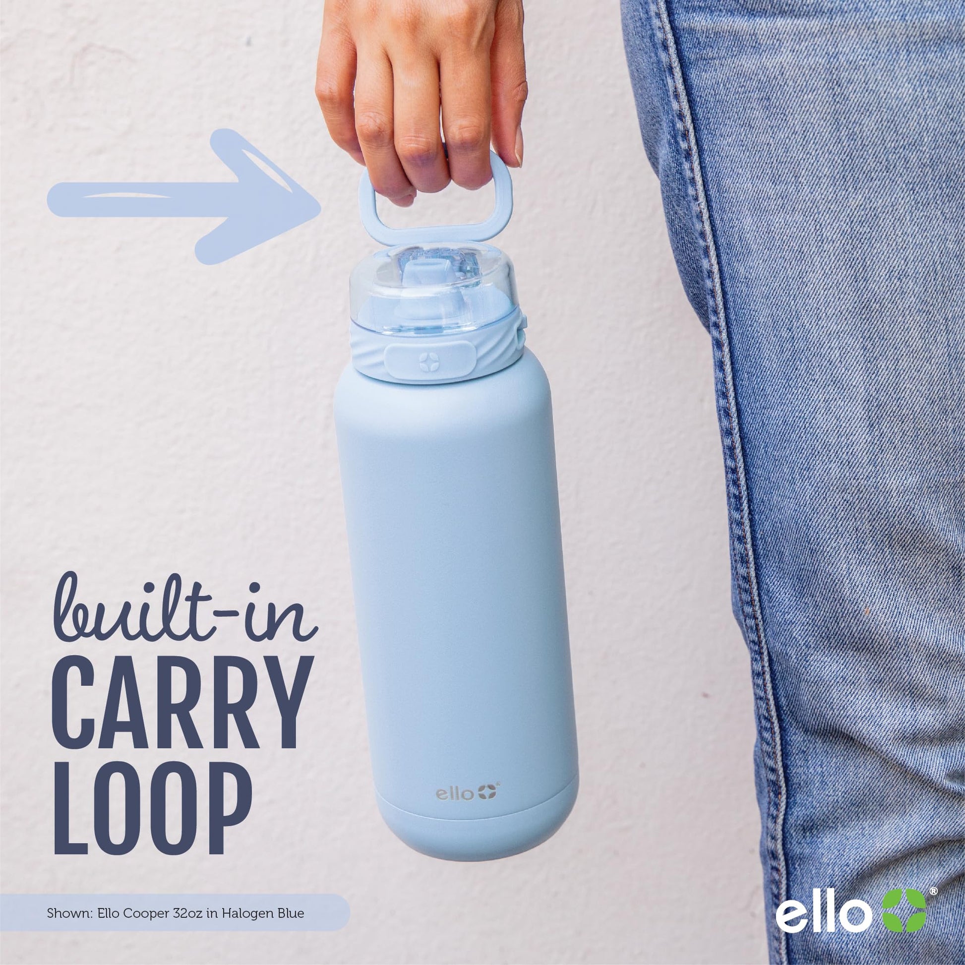 Botella de Agua Ello Cooper Azul Acero Inoxidable 32 Onzas con Popote y Asa Doble Pared Aislada a Prueba de Fugas