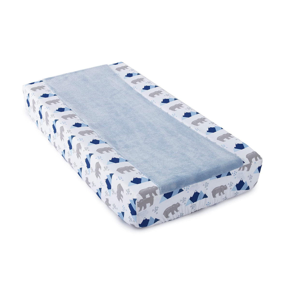 Levtex Baby – Funda para cambiador de pañales Trail Mix – Se adapta a la mayoría de los cambiadores estándar, felpa azul, osos grises y montañas azules, accesorios para guardería, felpa