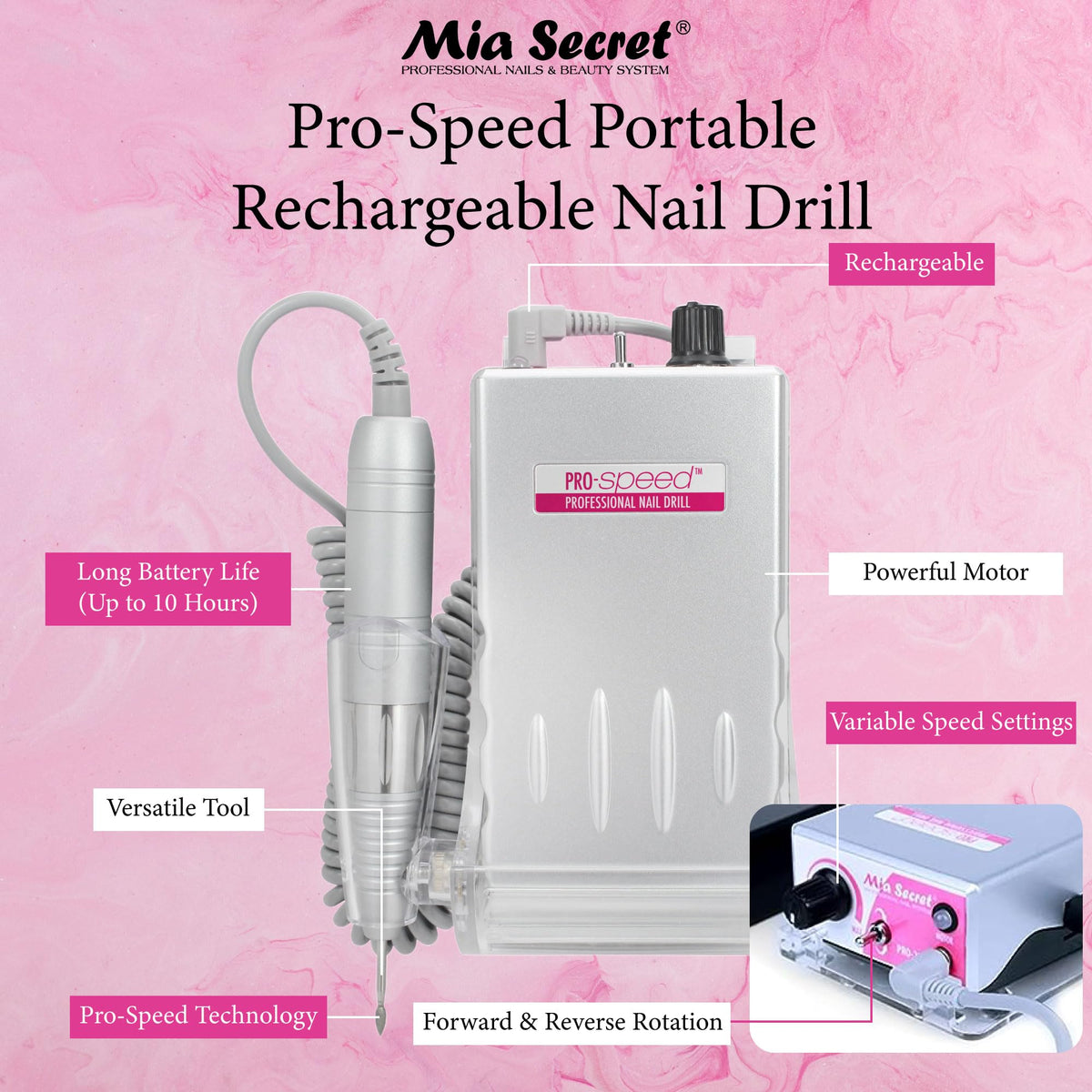 Taladro de Uñas Mia Secret 290 Portátil Recargable para Salón Profesional