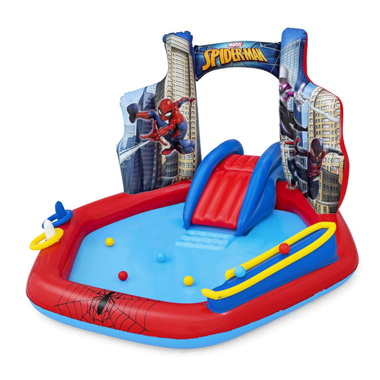 Bestway: Centro Inflable de Juego acuático Spider-Man, 6 pies 11 x 6 pies 9 x 50 Pulgadas, rociador de Arco Deslizante para Piscina, 6 Bolas, Anillo de superhéroe Marvel Toss, niño pequeño 2+