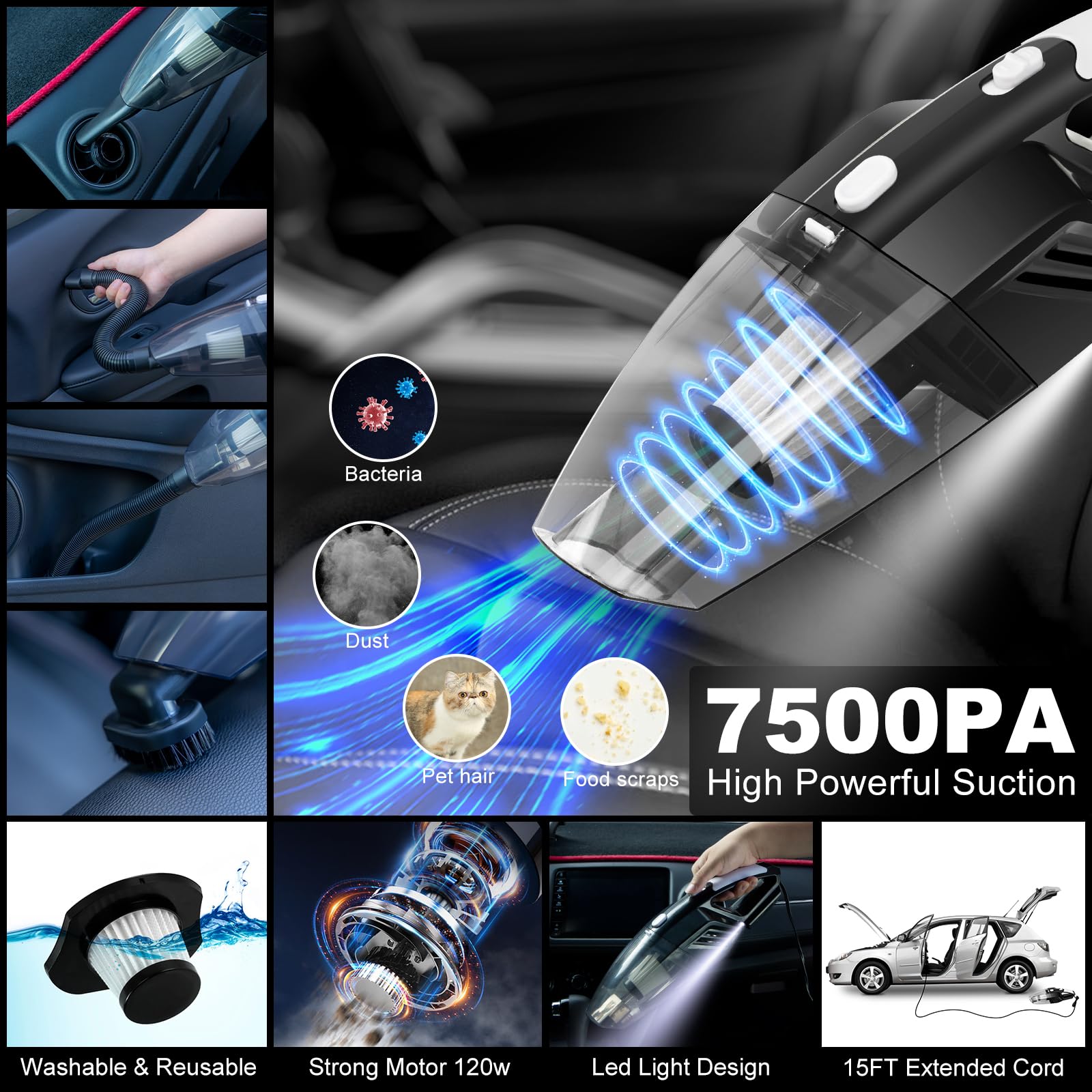 AUTODECO - Kit de 41 piezas de limpieza de coche, kit de limpieza de detalles interiores con aspiradora de mano de alta potencia, cubeta plegable, herramienta para parabrisas, pala de nieve, cepillo