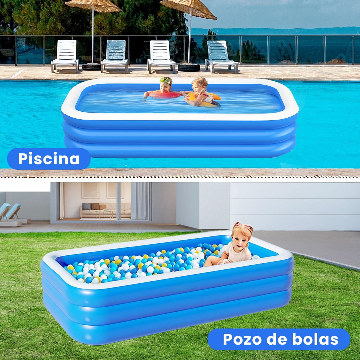 JNNQI Piscina Inflable Familiar 305x183x60 CM, Alberca Inflable Familiares Triple Grande Rectangular con Bolsa de Almacenamiento, Jardín, Fiesta Acuática de Verano, Piscina Inflable al Aire Libre