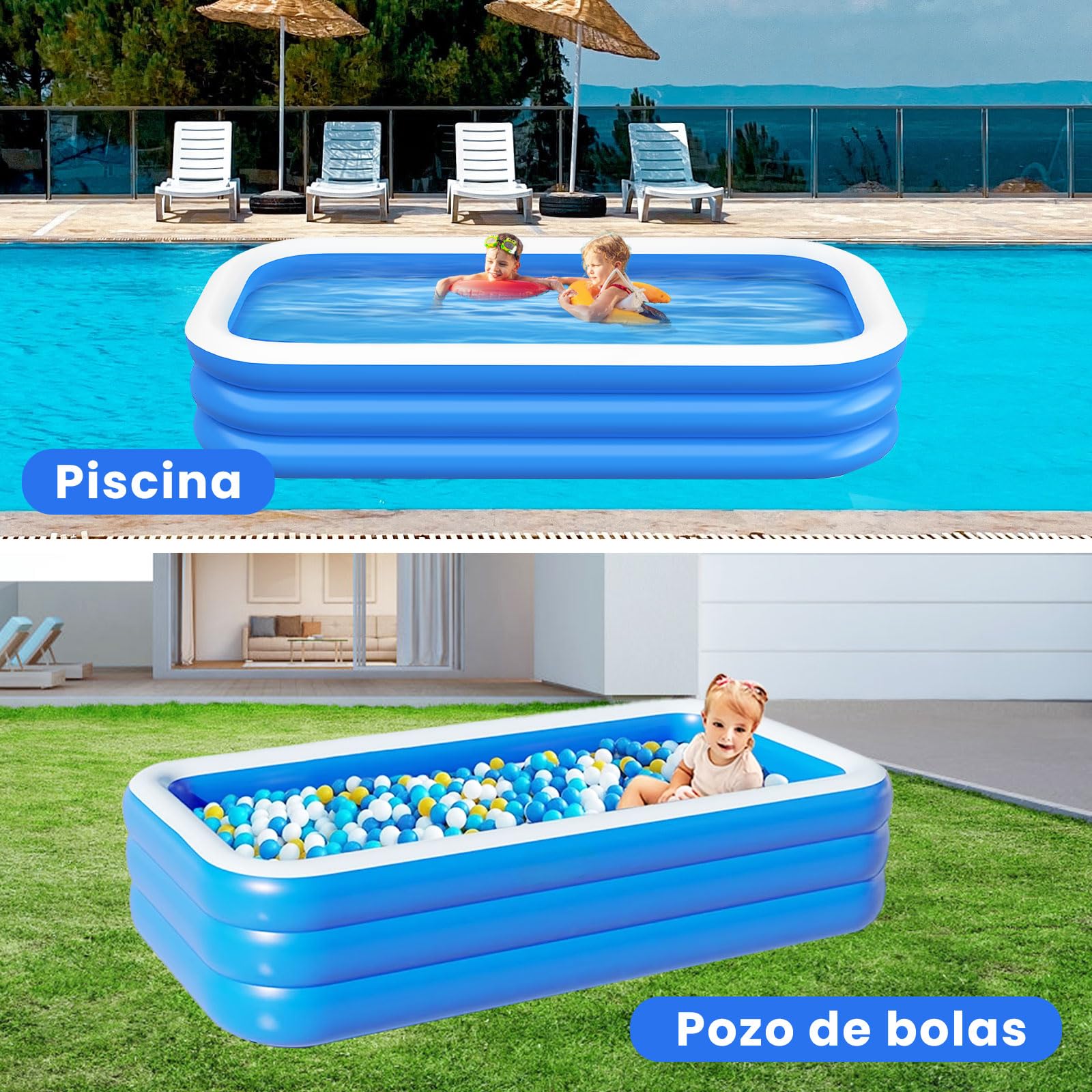 JNNQI Piscina Inflable Familiar 305x183x60 CM, Alberca Inflable Familiares Triple Grande Rectangular con Bolsa de Almacenamiento, Jardín, Fiesta Acuática de Verano, Piscina Inflable al Aire Libre