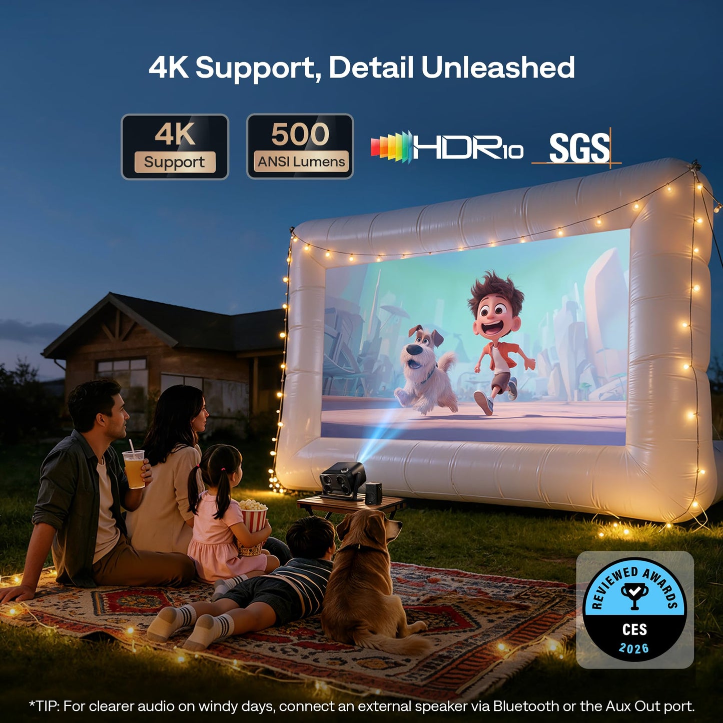 Aurzen BOOM Mini proyector inteligente para Google TV para exteriores con WiFi y Bluetooth, control de voz, modo familiar, audio Dolby de 20 W, enfoque en tiempo real, proyector de película compatible