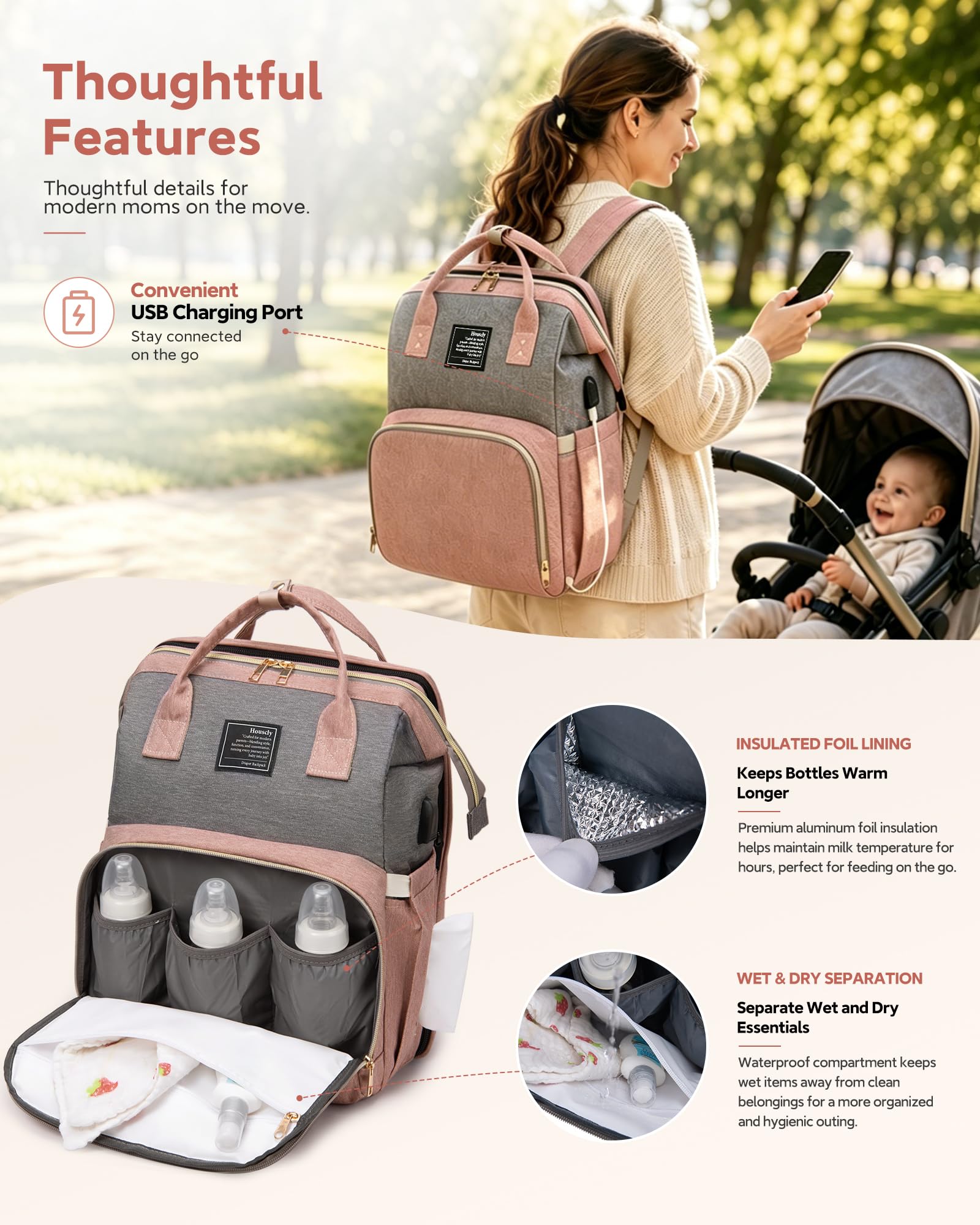 houscly - Mochila para pañales para bebés: bolsa grande de bebé para niños, niñas, mamá, mujeres, hombres, papá, viajes grandes, recién nacidos, productos esenciales para la búsqueda de productos