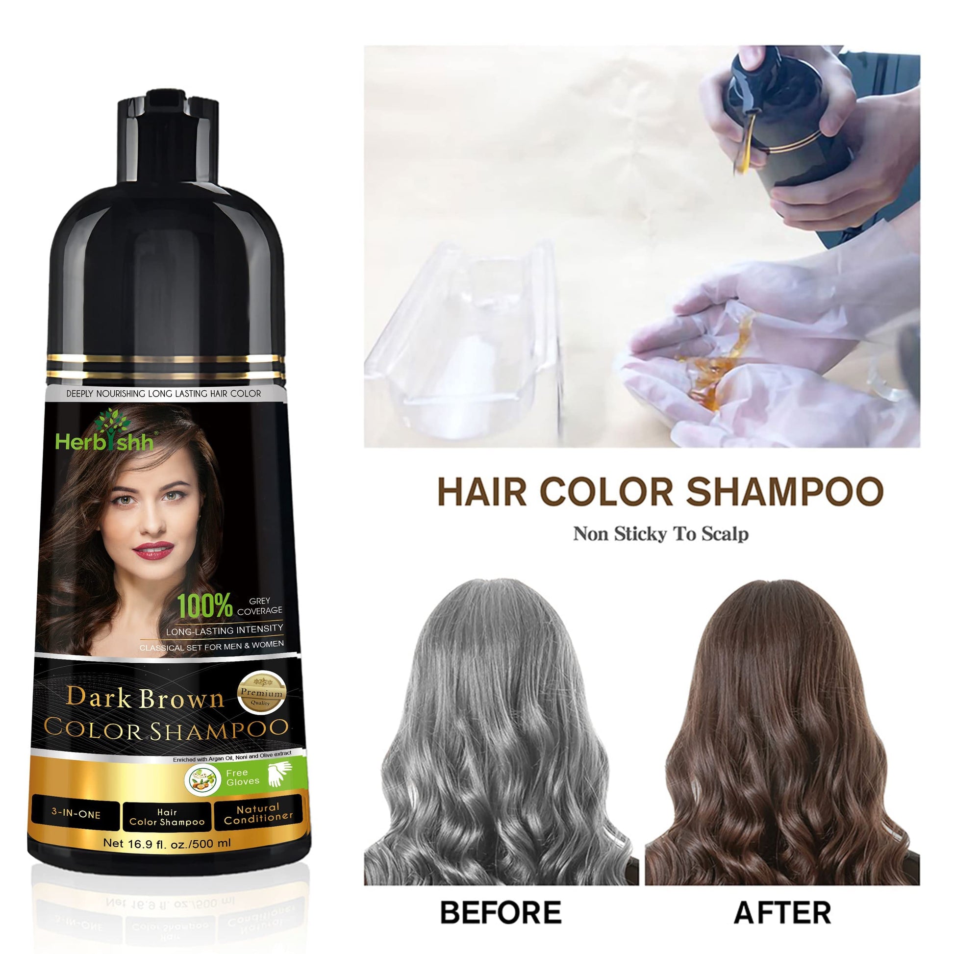 Herbishh - Champú colorante para cabello gris, champú con tinte natural para el cabello, colorea el cabello en minutos, dura hasta de 3 a 4 semanas, 500 ml, tinte de cabello 3 en 1, sin amoniaco | (marrón oscuro)