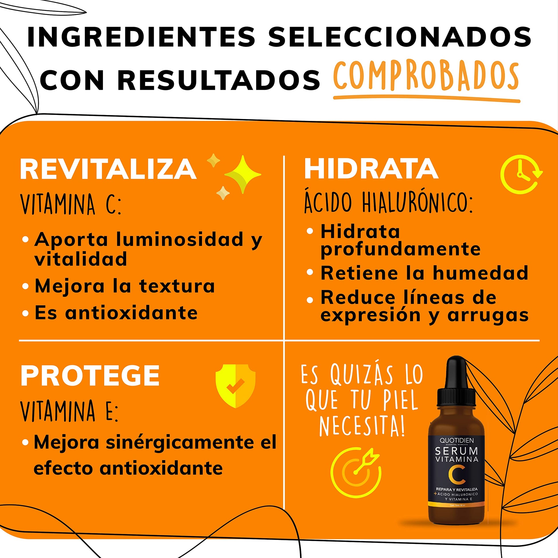 Serum Vitamina C + Ácido Hialurónico + Vitamina E | 95% Ingredientes Naturales | Skin Care | Luminosidad, Hidratación, Firmeza y Tono más Uniforme | Textura Ligera y Sin Sensación Grasosa | Suero Facial de Skincare Ideal Para Todo Tipo de Piel -30ml