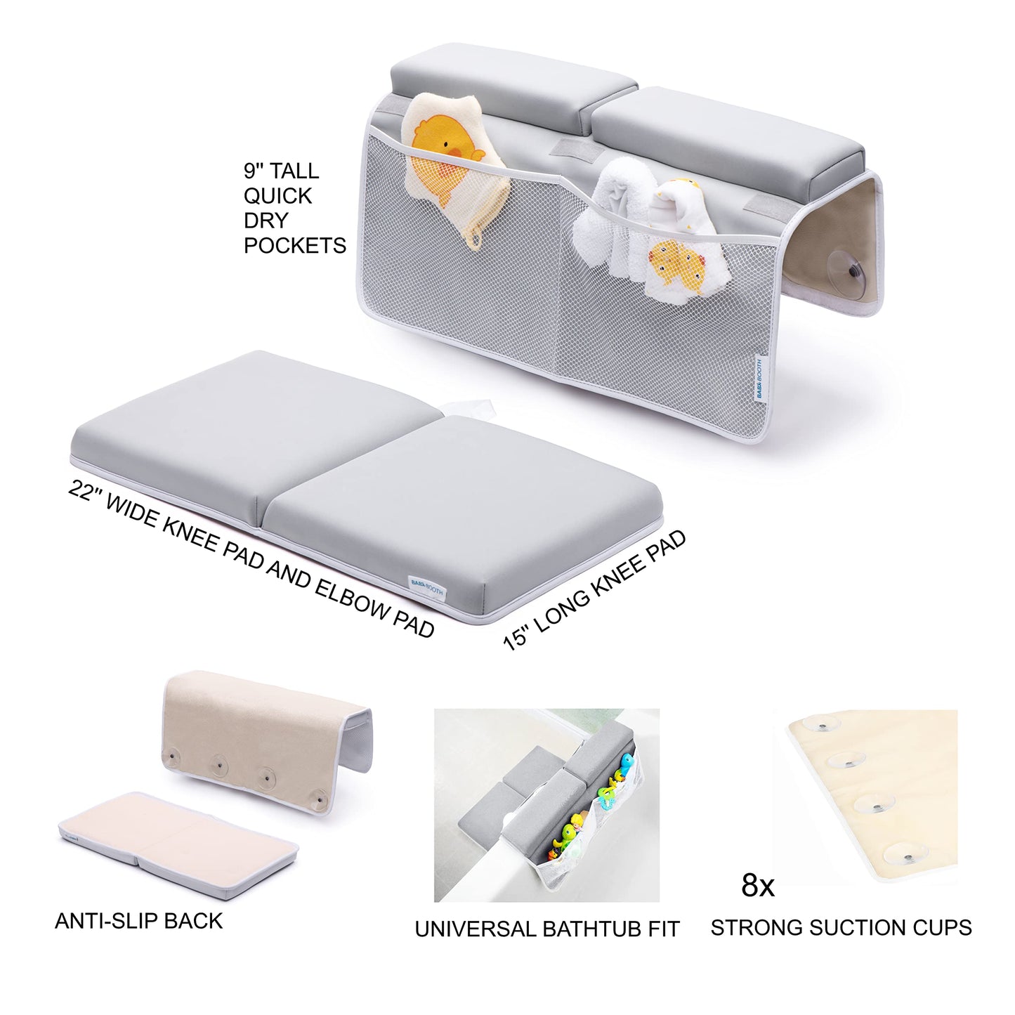 Almohadilla de baño para rodillas y coderas, 4,4 cm, extra gruesa, almohadilla para rodillas y codo para bañera. Codera para bañera con organizador de juguetes para bebés y accesorios para bebé, color gris