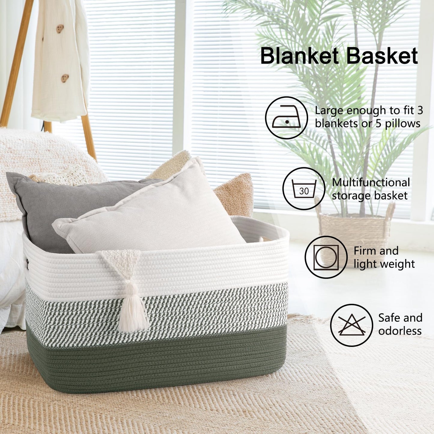 OIAHOMY - Cesta de manta grande, 22 x 17 x 12 pulgadas, cestas tejidas rectangulares para guardería, sala de estar, almacenamiento de juguetes con asa, cestas grandes para organizar, verde/blanco