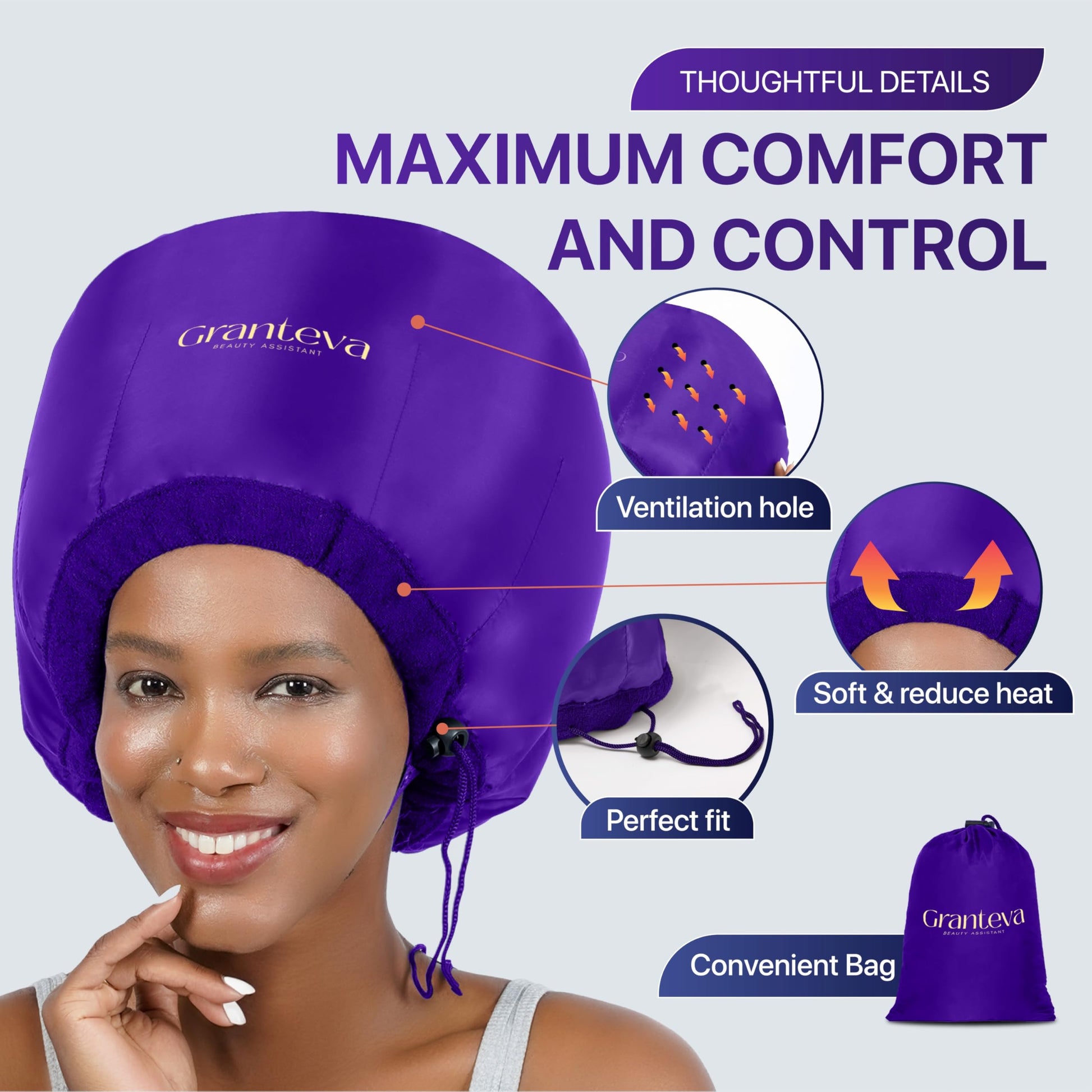 Capó secador de pelo – Gorro secador de pelo suave para el hogar – Kit de secador de pelo con diadema integrada, acelera el tiempo de secado en casa, se utiliza para acondicionamiento profundo, estilo portátil (morado)
