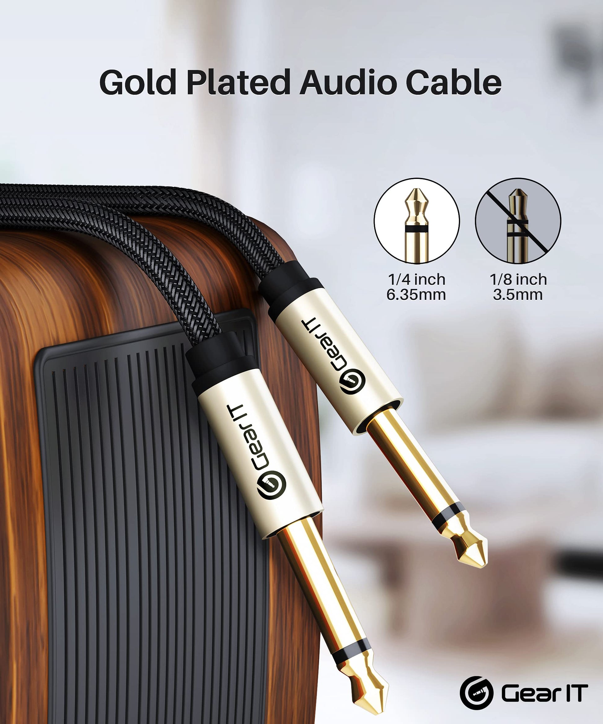 GearIT - Cable para guitarra eléctrica de 1/4 pulgadas a 1/4 pulgadas (90 centímetros, paquete de 2 TS recto, macho a macho, Mono Jack de 6.35 mm con conector de aleación y trenzado de nailon