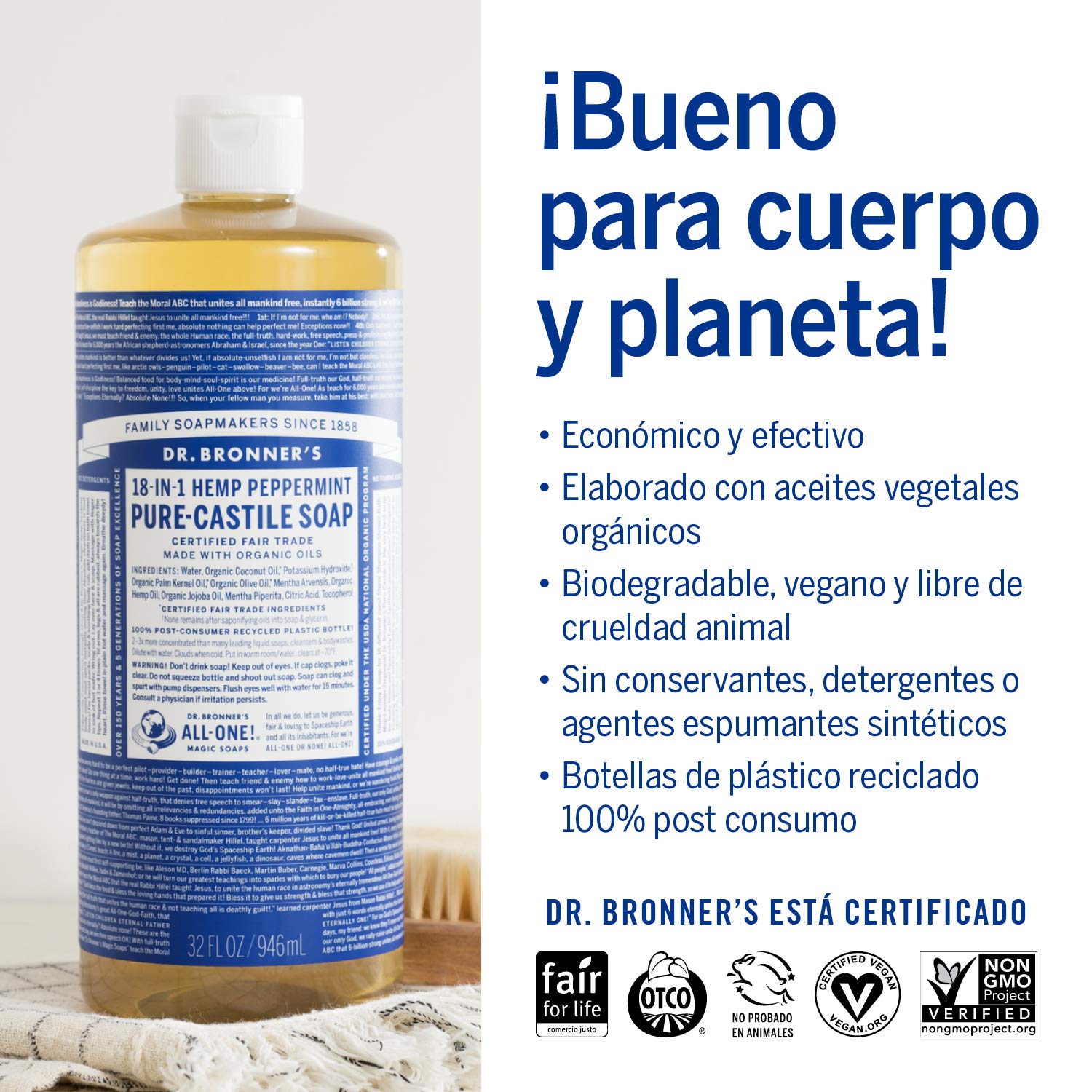 Dr. Bronner's | Jabón de castilla orgánico multiusos, ideal para todo el cuerpo, 100% biodegradable con aceite esencial relajante de Lavanda 946 ml