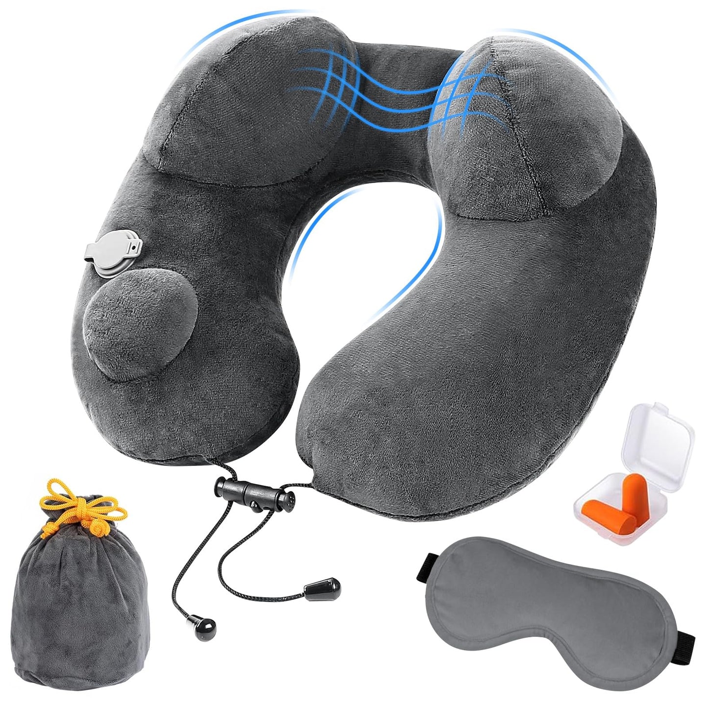 GuDoQi Almohada de Viaje Hinchable, Inflable Cojin Cervical Viaje con Tapón de Oídos, Máscara de Ojos, Cordón Ajustable, Cojin de Viaje Cuello para Avión, Coche, Oficina