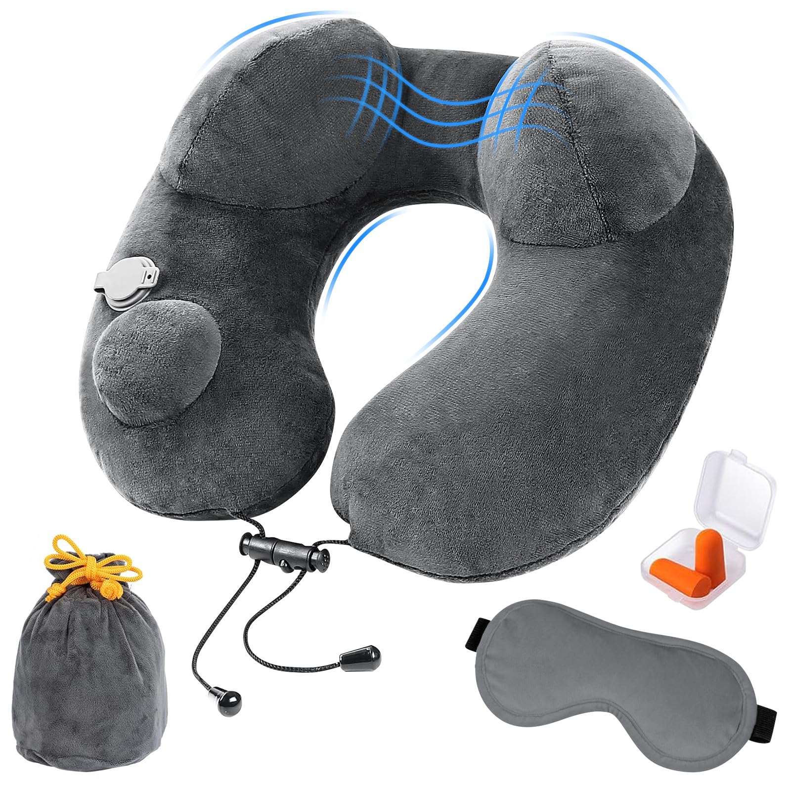 GuDoQi Almohada de Viaje Hinchable, Inflable Cojin Cervical Viaje con Tapón de Oídos, Máscara de Ojos, Cordón Ajustable, Cojin de Viaje Cuello para Avión, Coche, Oficina