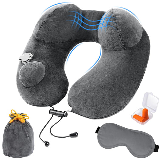 GuDoQi Almohada de Viaje Hinchable, Inflable Cojin Cervical Viaje con Tapón de Oídos, Máscara de Ojos, Cordón Ajustable, Cojin de Viaje Cuello para Avión, Coche, Oficina