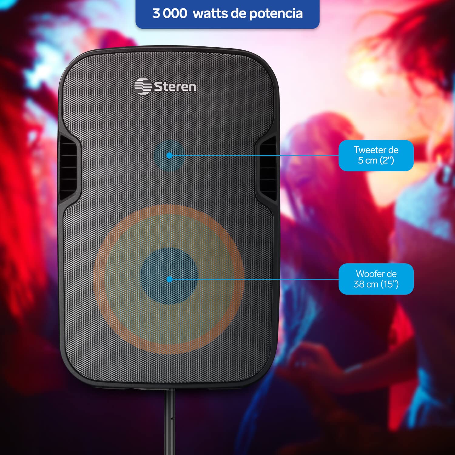 STEREN BAF-1555BT Bafle 15" 3000 W PMPO Bluetooth woofer y Tweeter, MP3 por microSD o USB, Entrada AUX RCA, 6,3 mm para Mic, Crossover, Salida Speakon, Ruedas y agarraderas, Orificio para Pedestal
