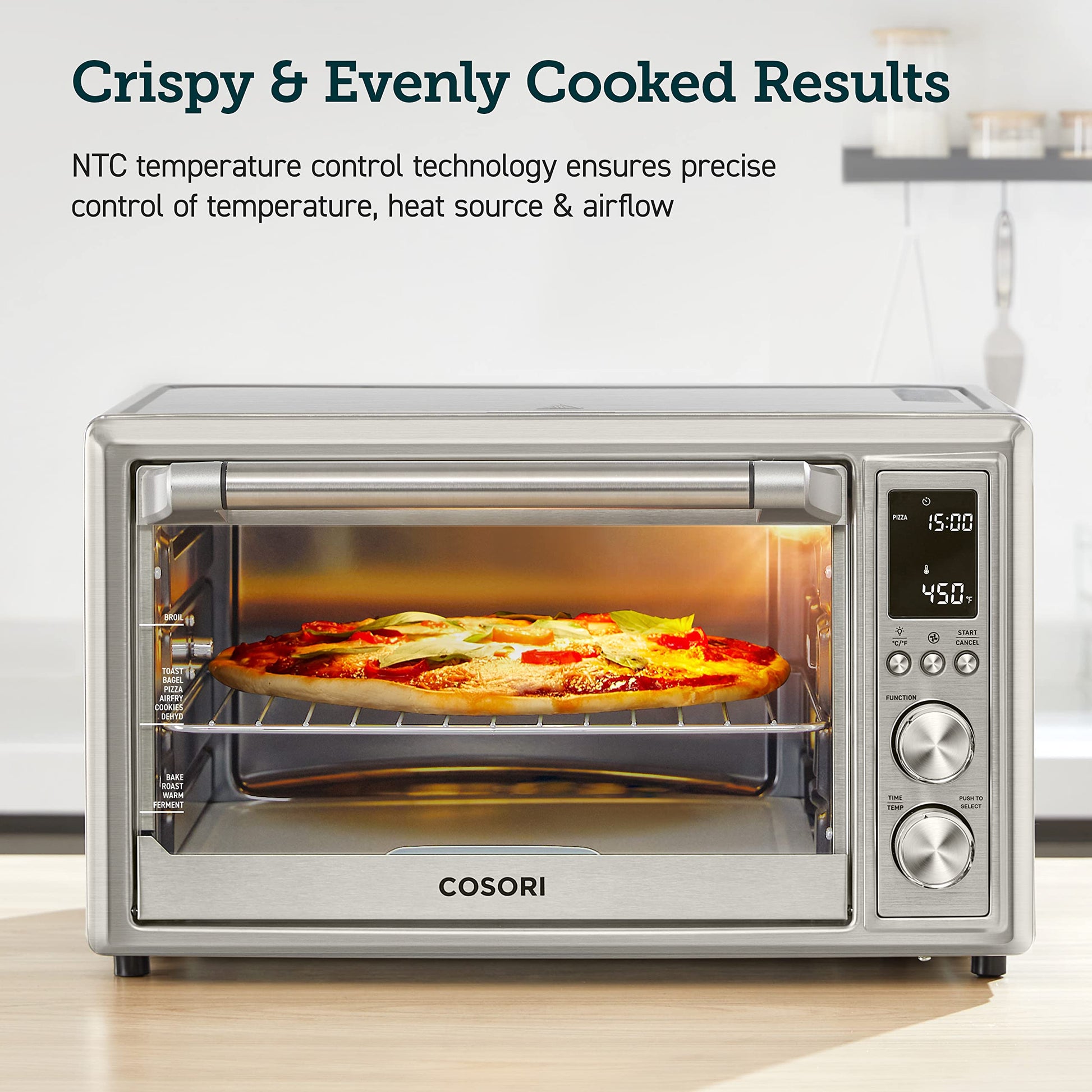 COSORI - Fridora de aire para horno tostador, 12 en 1, encimera de horno de convección, horno, asado, deshidratado, 134 recetas y 4 accesorios, 32 cuartos de galón, plata, acero inoxidable