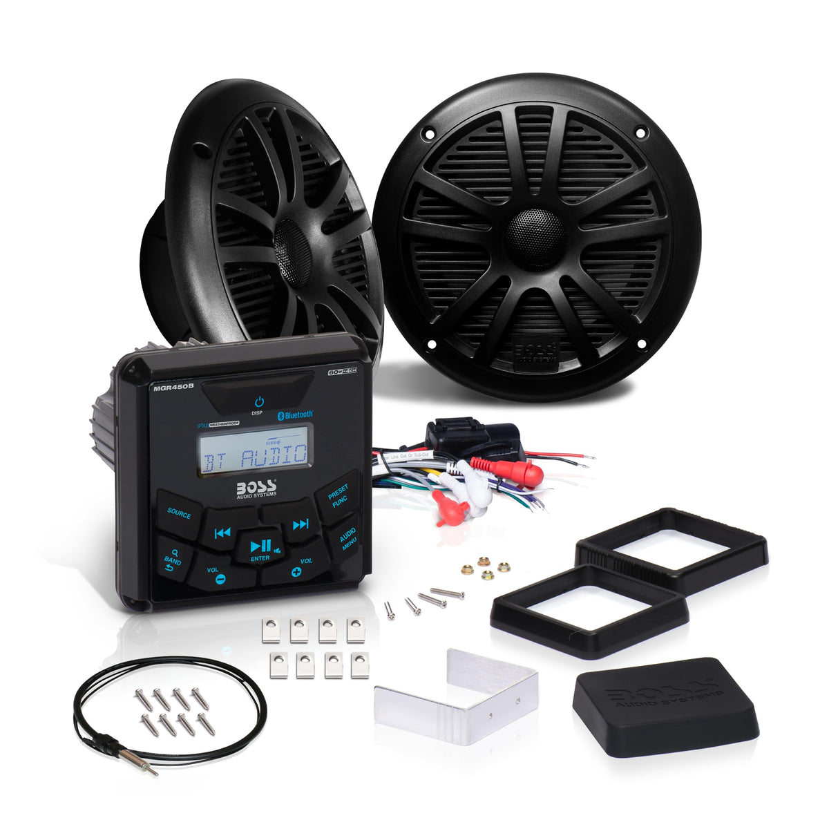 Paquete de Altavoces y Receptor Marino Boss Audio Systems Bluetooth Negro, IPX6 Resistente al Agua, Dos Altavoces de 6.5" y Un Receptor