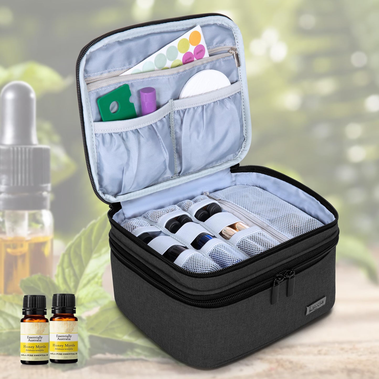 Luxja Essential Oil Carrying Case - Holds 30 Bottles (5ml-30ml), Double-Layer Organizer for Essential Oil and Accessories, Black