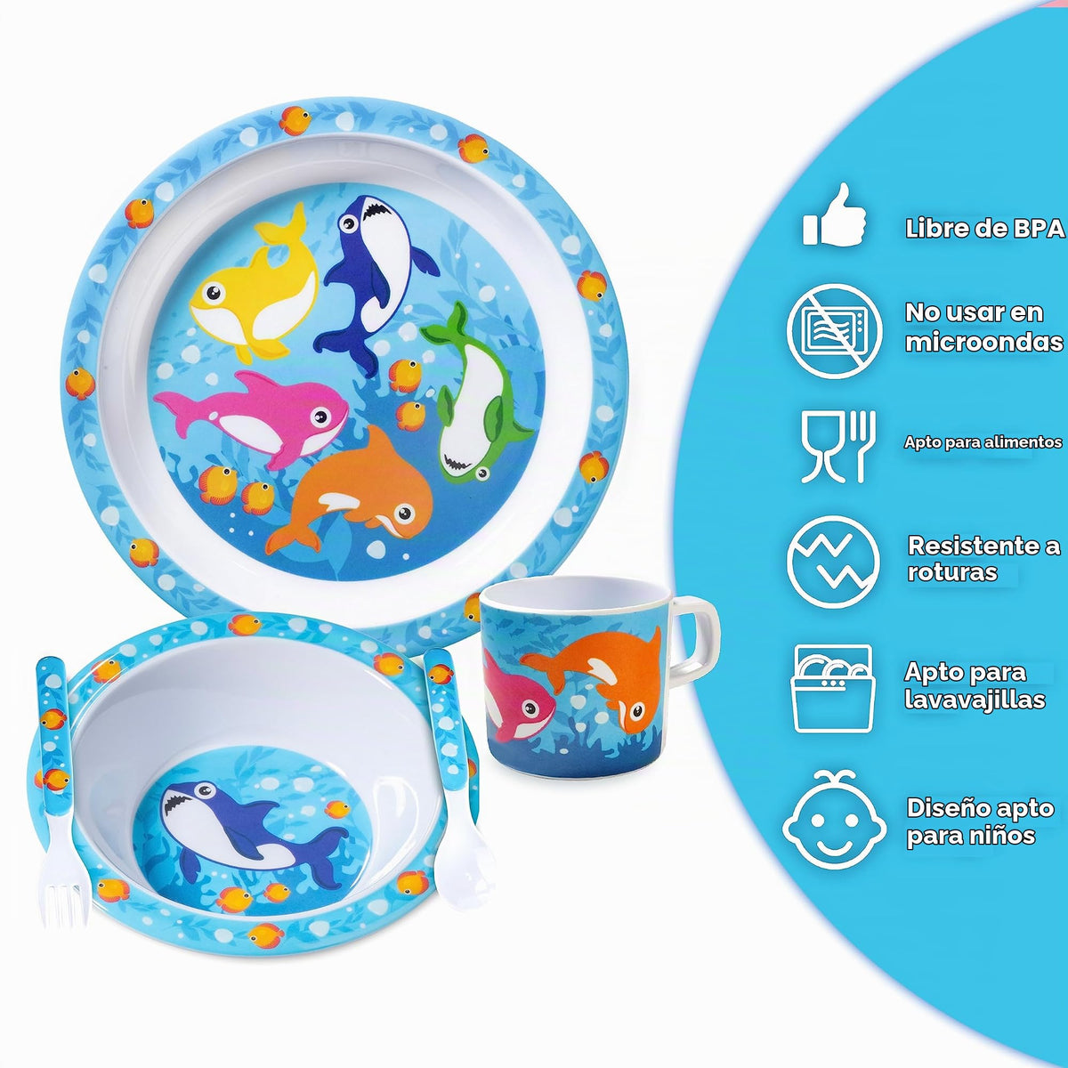 Bentology - Juego de 5 unidades para la hora de comer para niños, con temática de tiburón, incluye plato y tazón de borde elevado, taza, tenedor y cuchara, apto para lavaplatos, sin BPA, lindo plato
