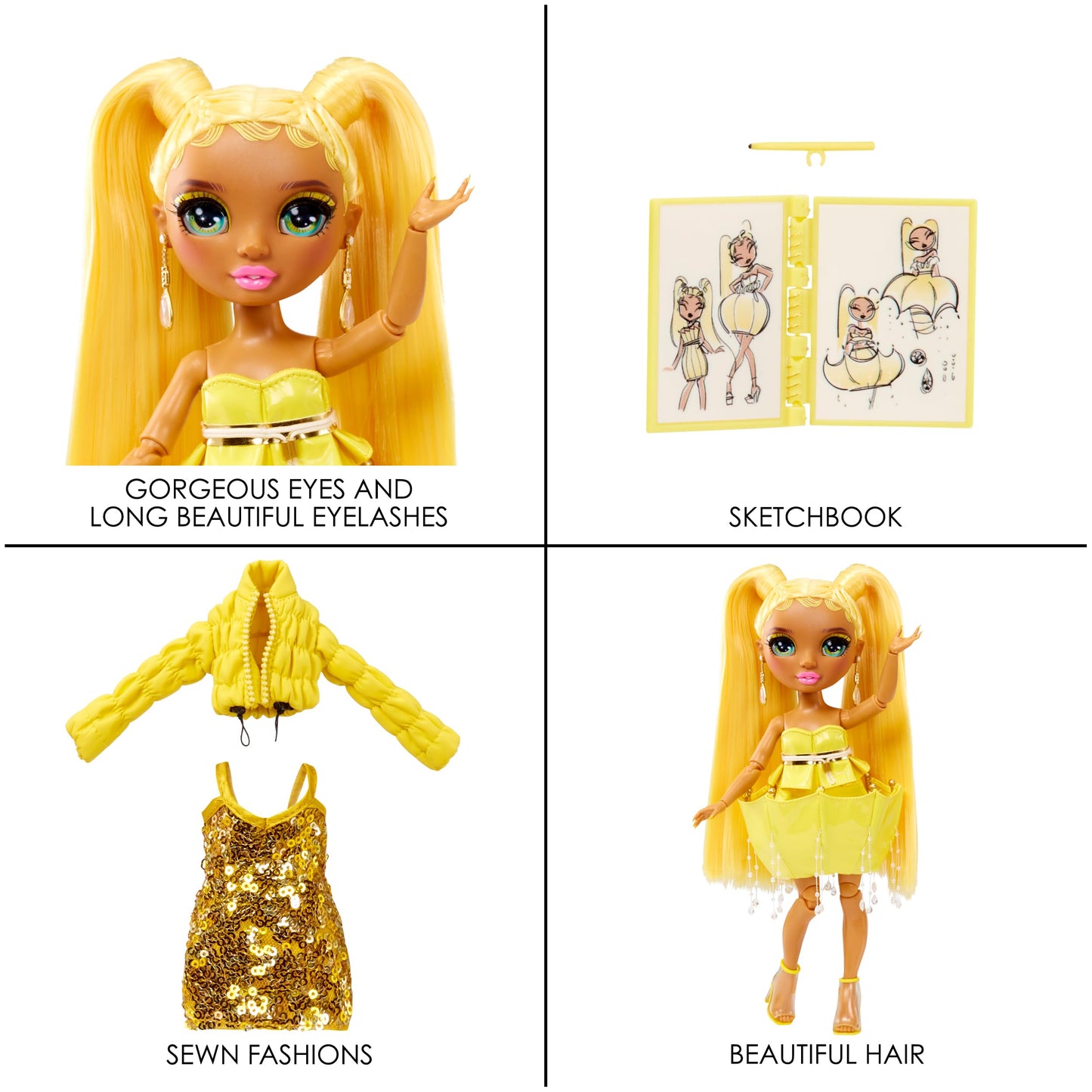 Muñeca Fantastic Fashion Rainbow High Amarilla con 2 Outfits y Accesorios para Personalizar