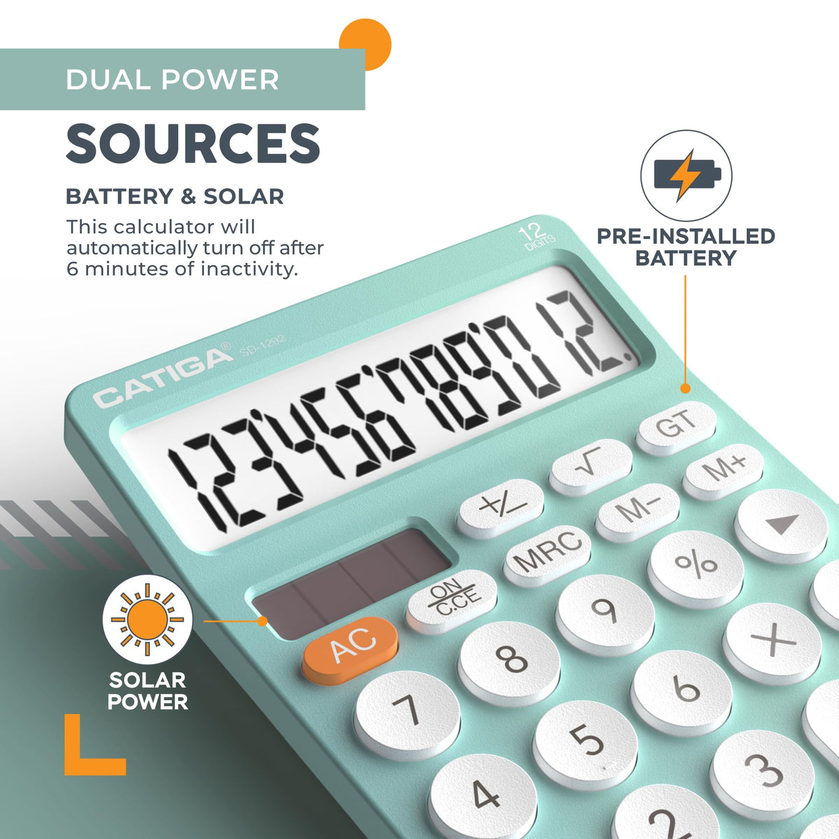 Calculadora CATIGA Negro 12 Dígitos con Pantalla LCD Grande y Energía Solar para Oficina y Hogar