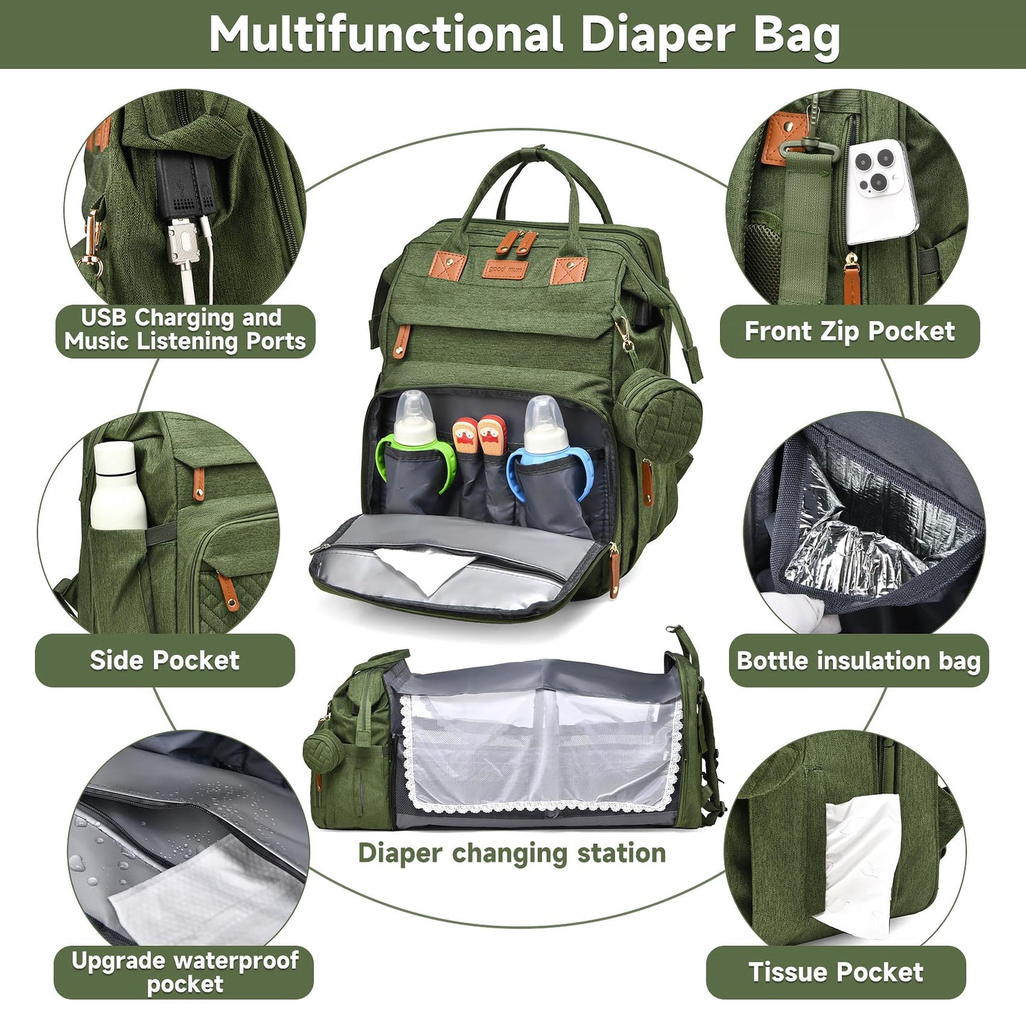 AHNTTGS - Bolsa de pañales con estación cambiadora, mochila de pañales de gran capacidad para mamás papás con puerto de carga USB, mochila impermeable para pañales (verde militar)