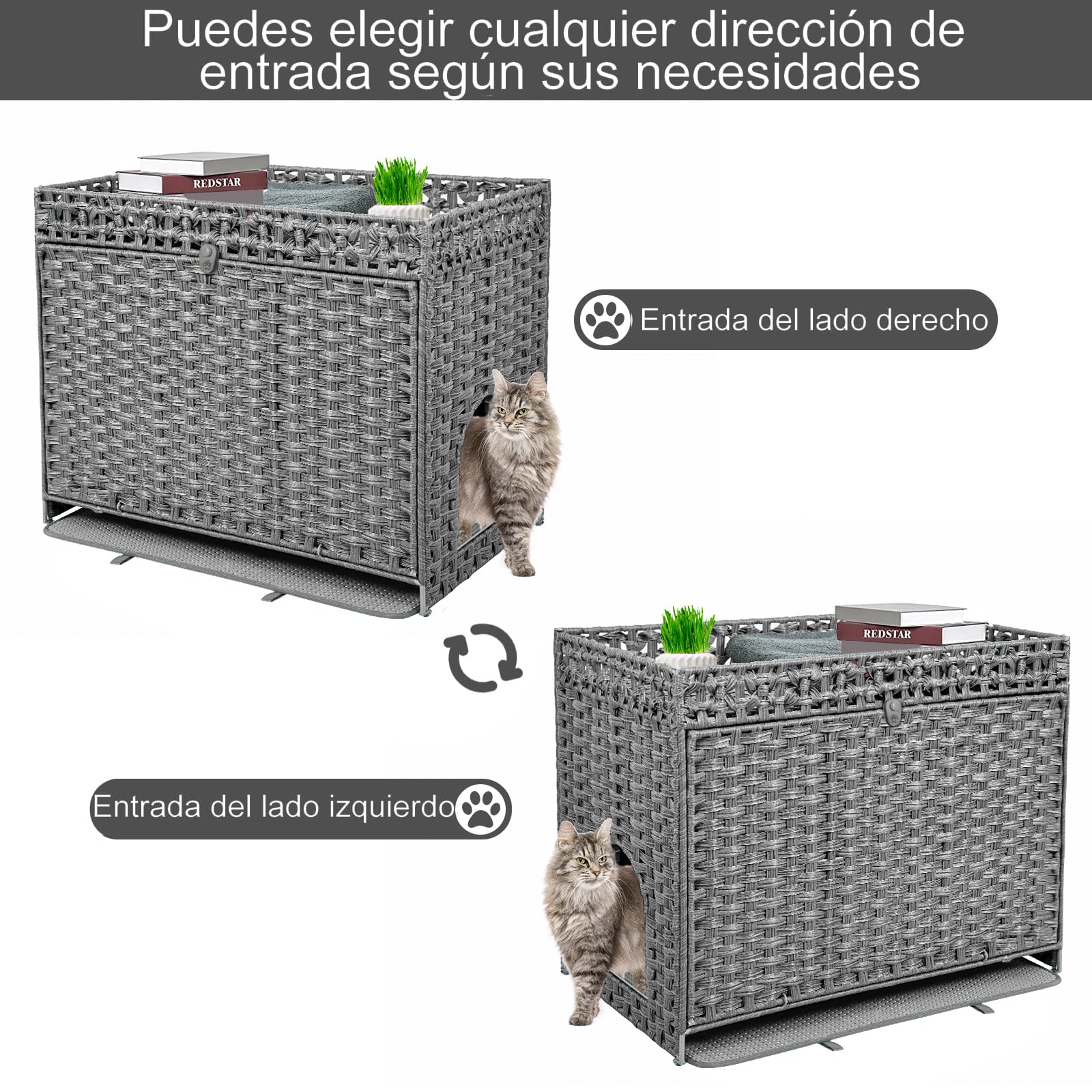 FABATO Arenero para Gato Grande Cerrado - Casa para Gatos Exterior - Puerta Lateral para tu Mascota - Mueble de Mimbre Ratán Tejido a Mano - Incluye Alfombrilla Suave (Gris)