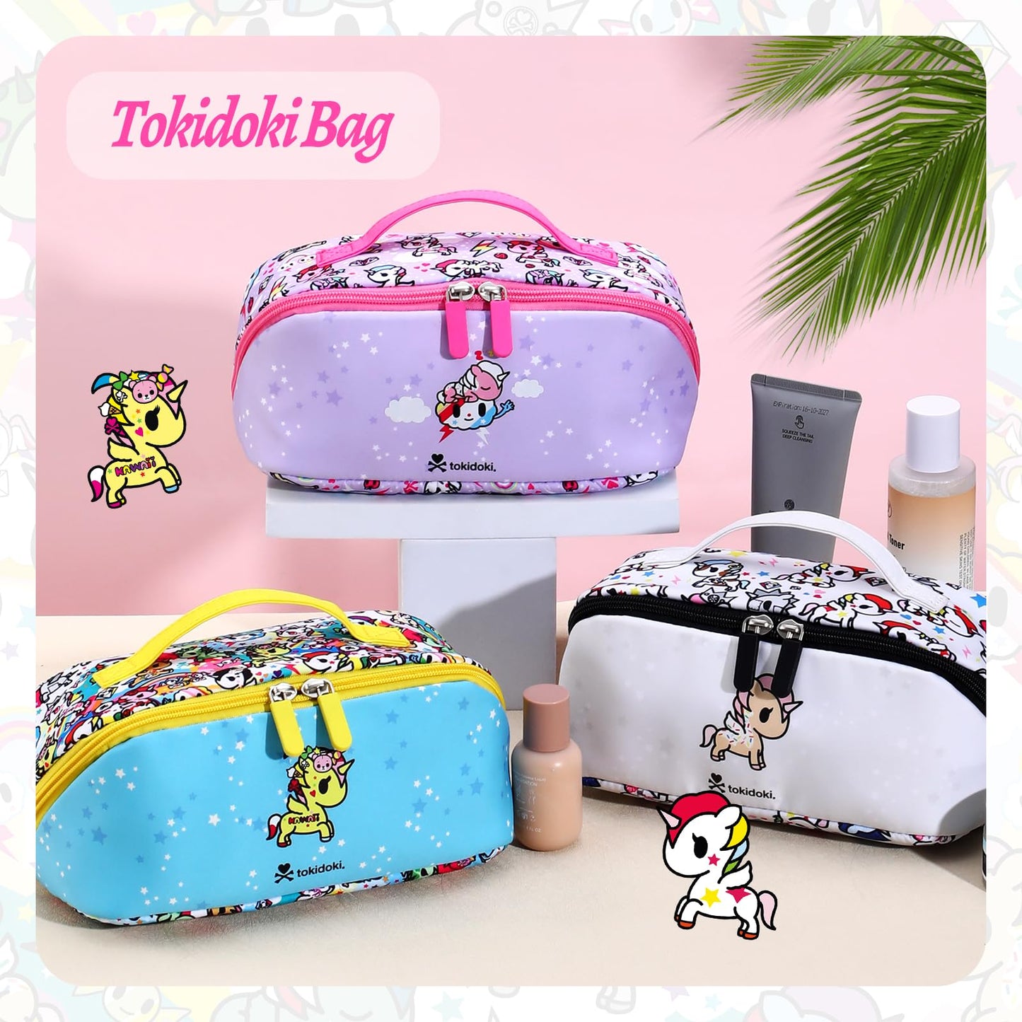 Tokidoki Unicorno - Bolsa de maquillaje de viaje para mujer, bolsa de cosméticos compacta y portátil, con divisor y asa, Rosa, Moda