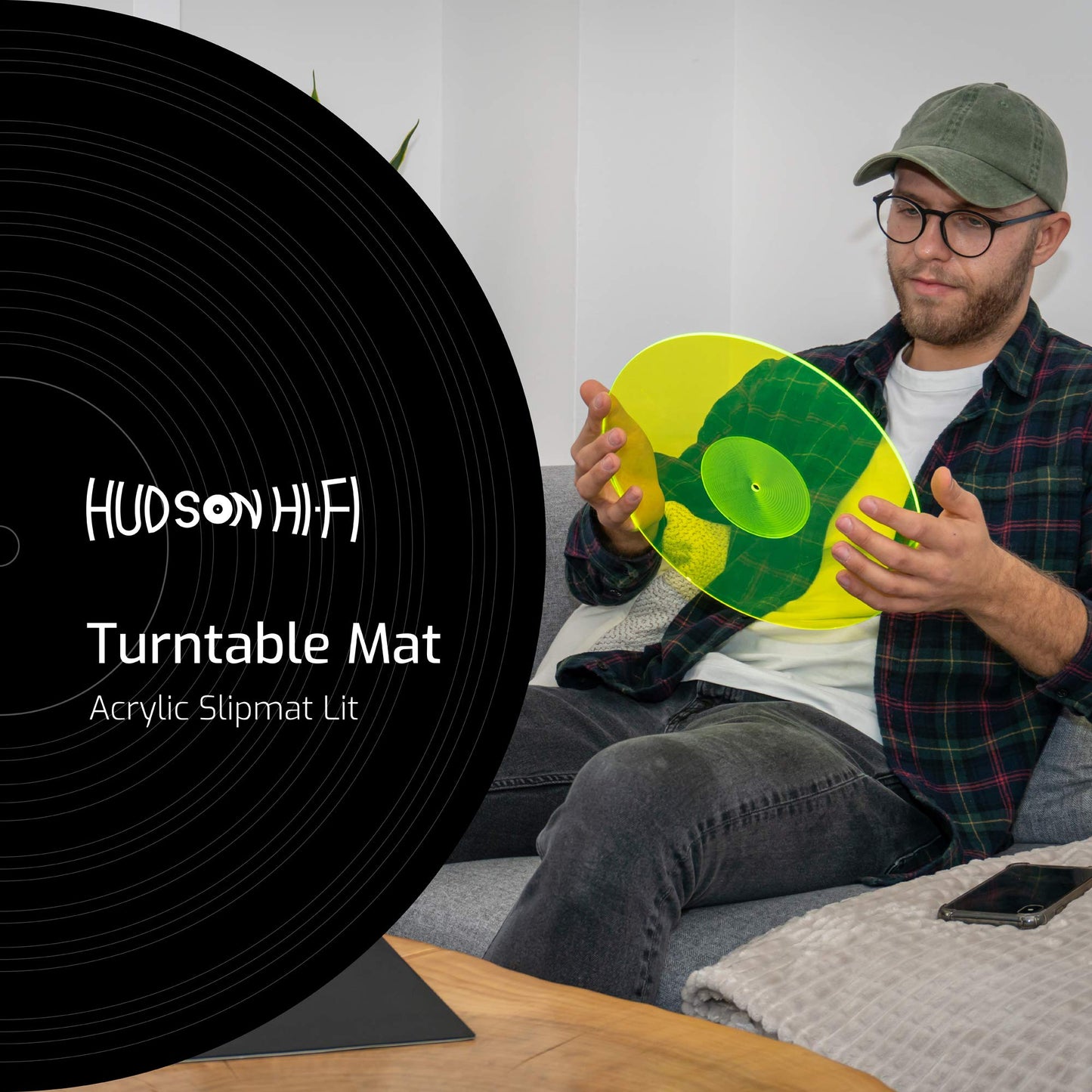 Hudson Hi-Fi Estera giratoria de acrílico - LP Slipmat para tornamesas y Tocadiscos de Vinilo - GreenLit - Verde Neon