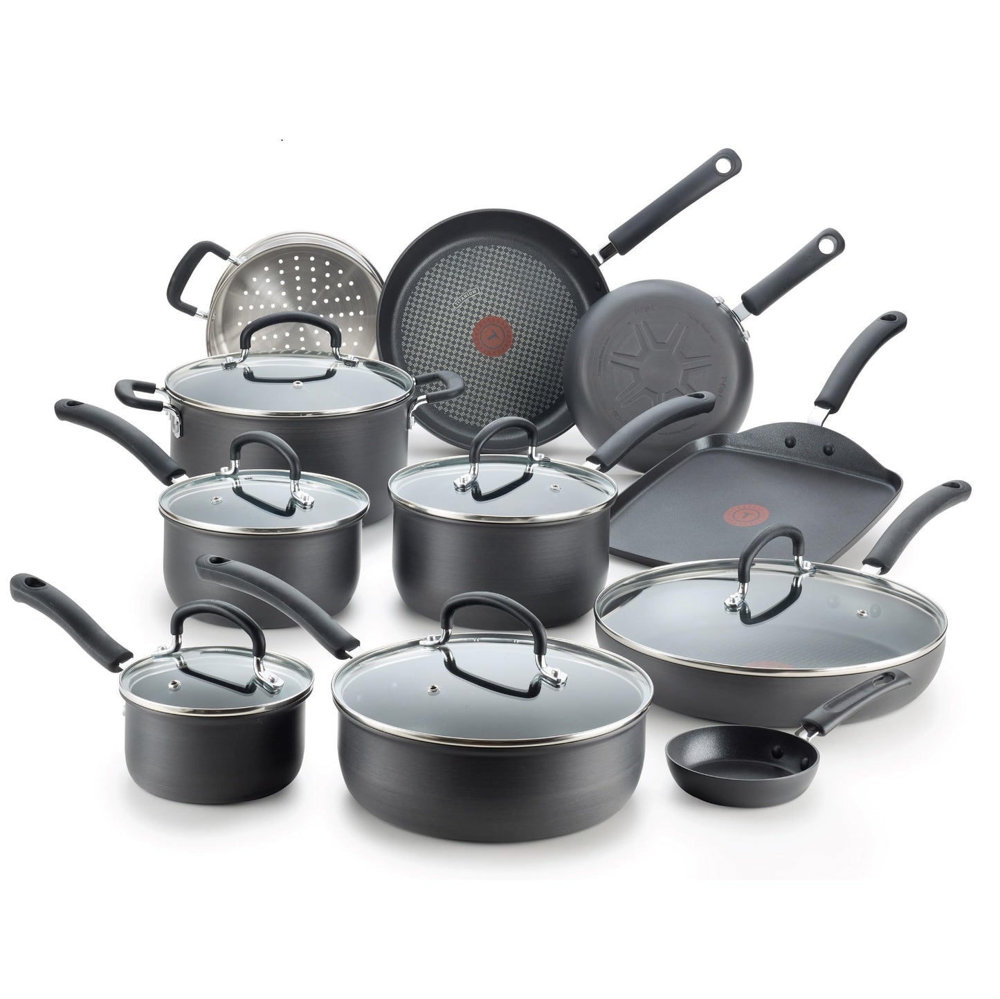 Set de Ollas T-fal Gris Anodizado Duro Máximo Interior Antiadherente Expert con Indicador Thermo-Spot 17 Piezas