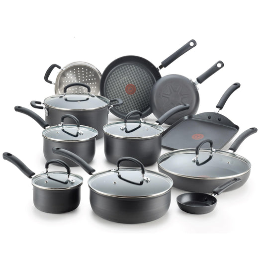 Set de Ollas T-fal Gris Anodizado Duro Máximo Interior Antiadherente Expert con Indicador Thermo-Spot 17 Piezas
