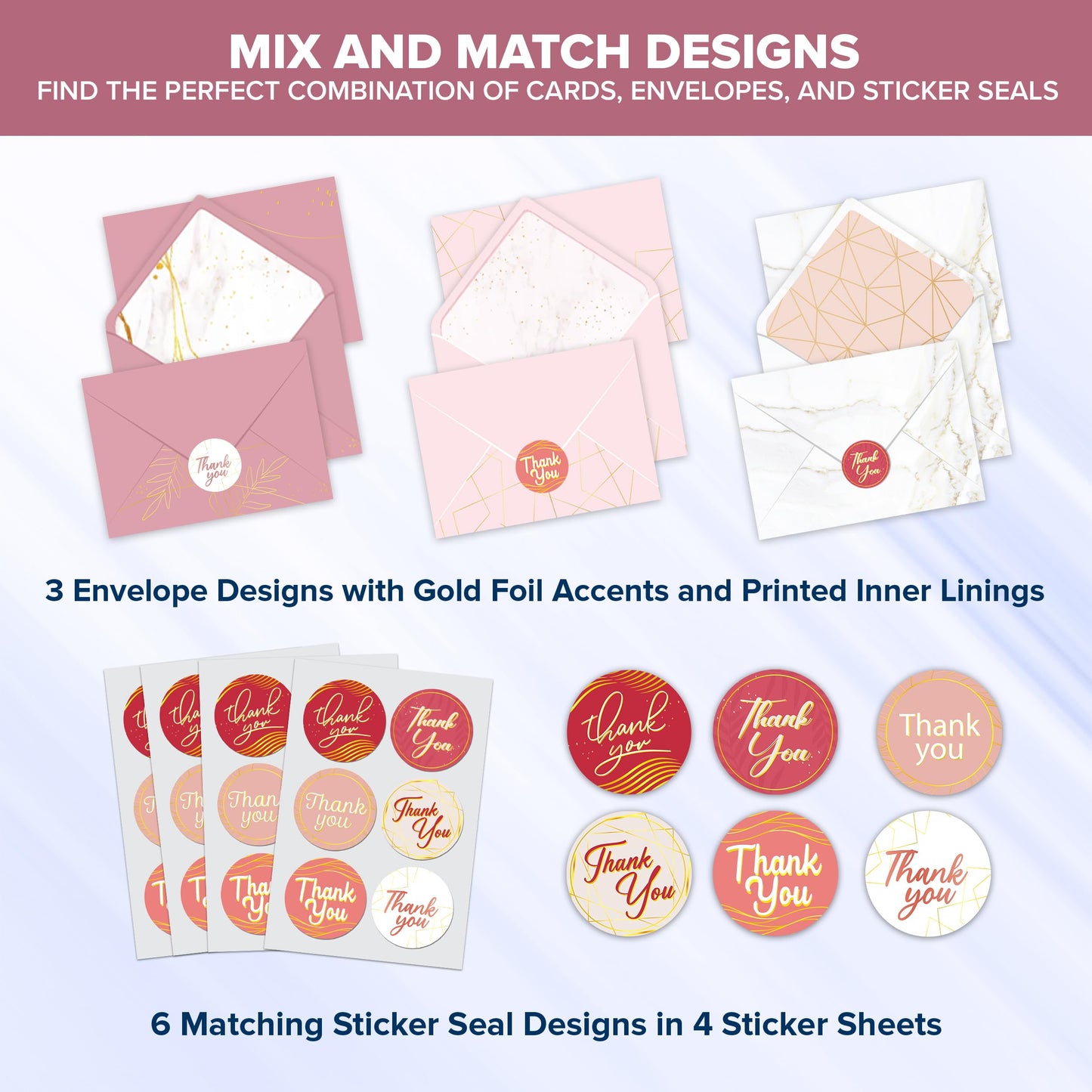 Paquete de 24 tarjetas de agradecimiento de oro rosa con sobres y calcomanías, 6 diseños en blanco dentro de tarjetas de agradecimiento rosas con sobres, tarjetas de agradecimiento de 6 x 4 pulgadas,