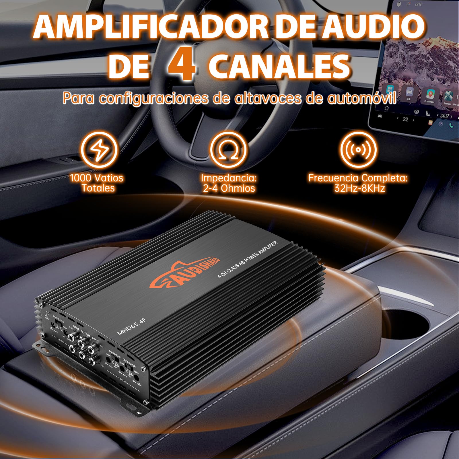 AUDISHAKO 1000W Amplificador de Audio de 4 Canales,Amplificador para Auto de Clase A/B, 2 Ohm 130W x 4 Canales para Motocicletas, Coches Deportivos y Otros Sistemas de Audio para Coche
