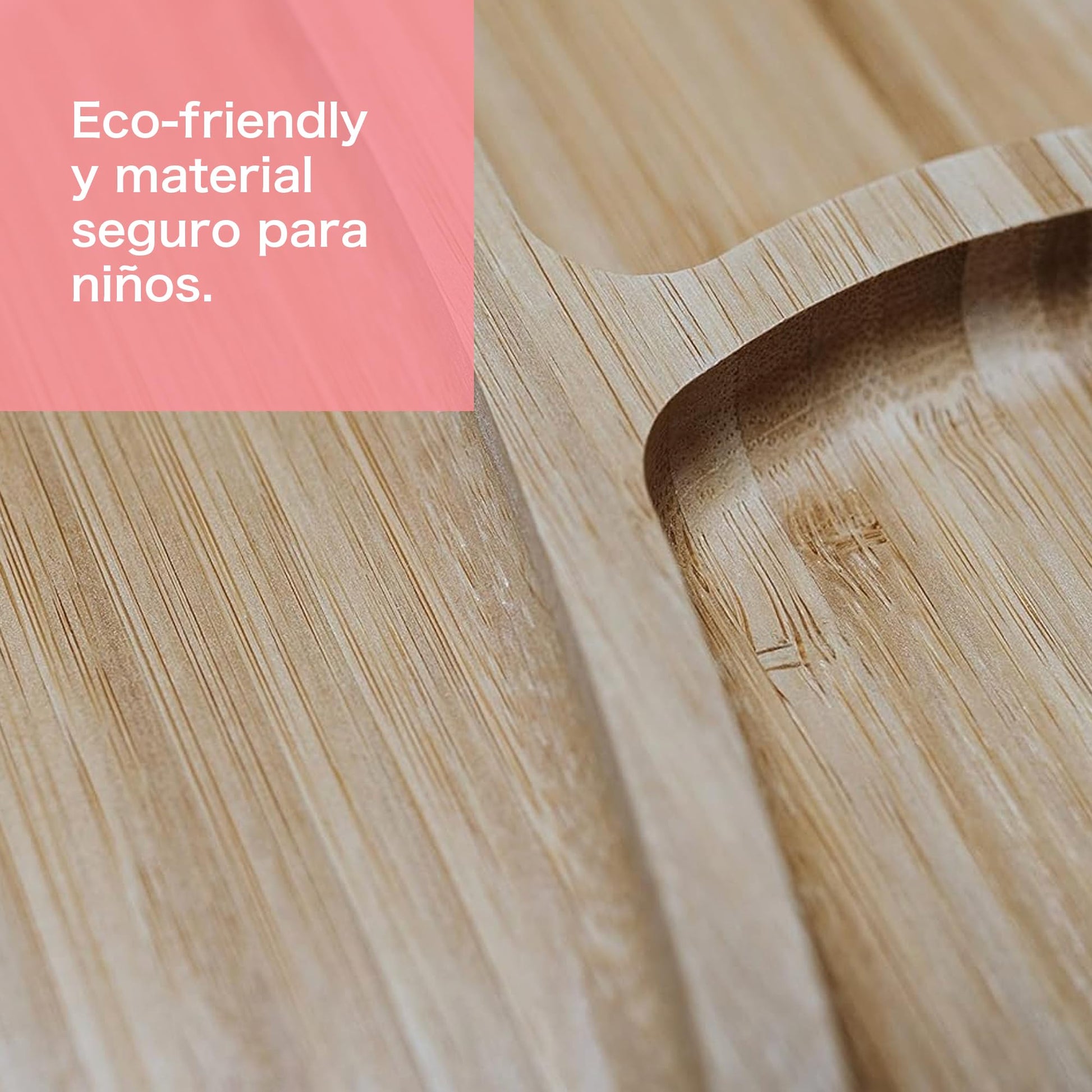Ecowood® Plato Extendido de Bambú con Divisiones para Bebe y Niño - Con Base de Silicona Succión Adherente y Antiderrapante (Rosa)