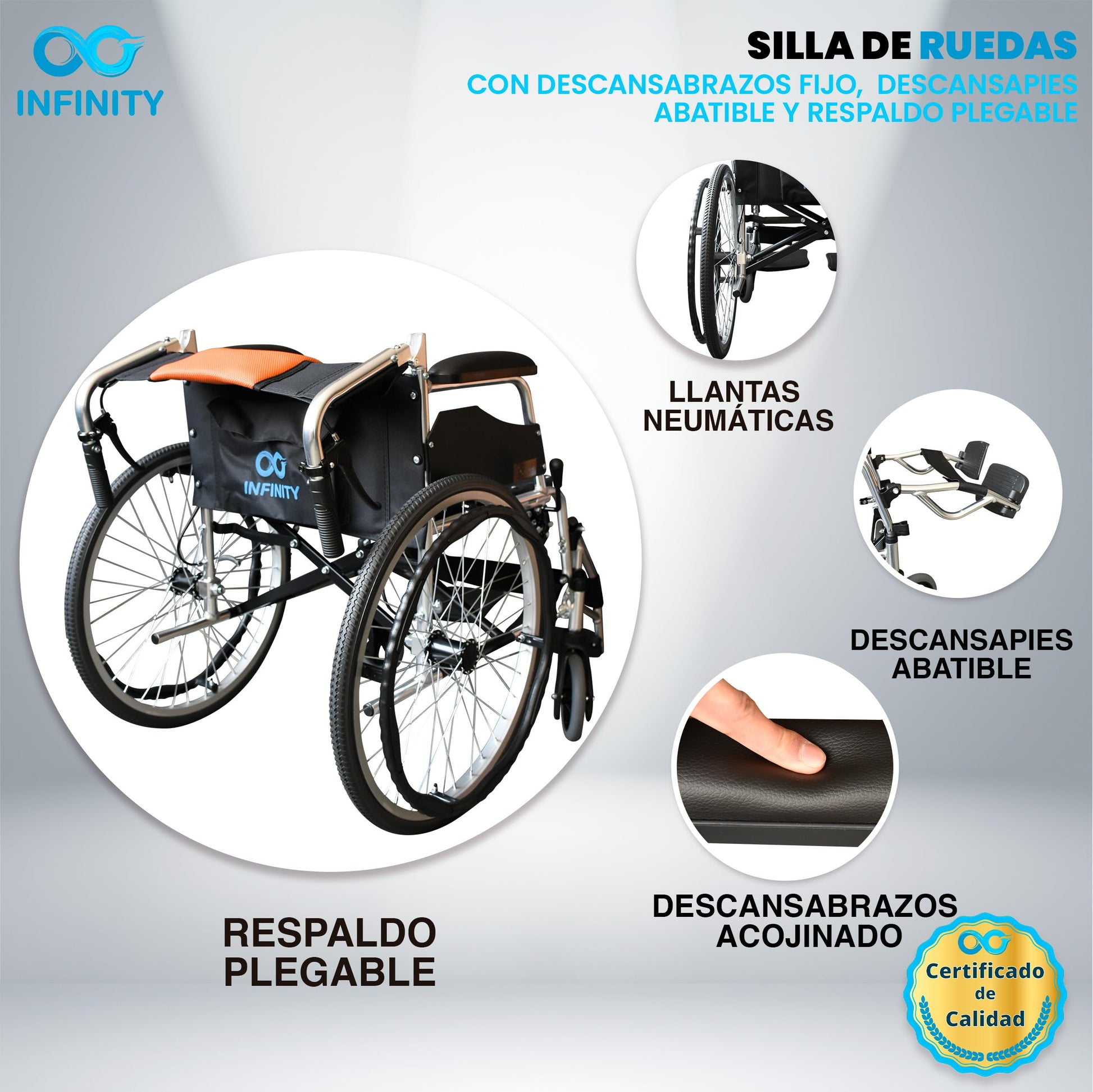 INFINITY | Silla de Ruedas Todo Terreno Ligera de Aluminio con Respaldo Plegable y Doble Sistema de Frenado (Negro-Naranja)
