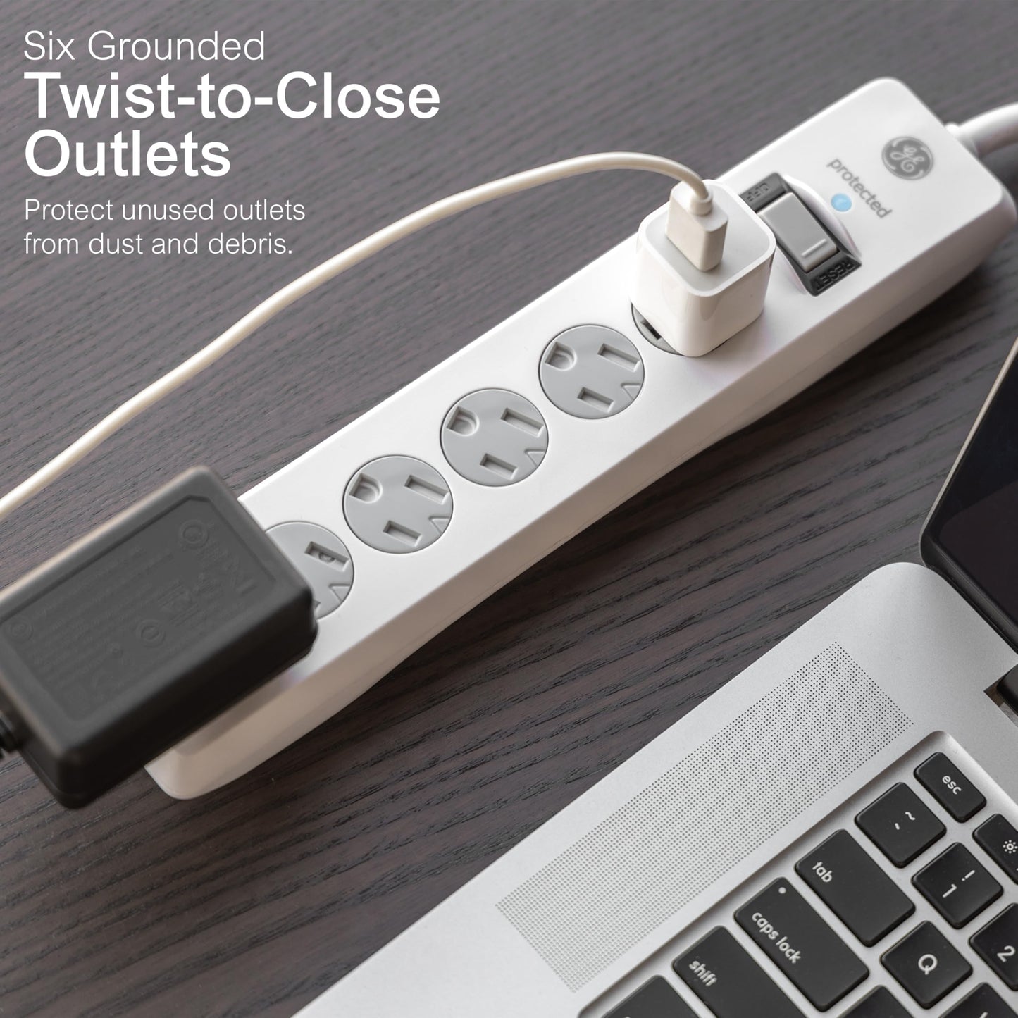 GE Tira Multicontactos De 6 Salidas Con Supresor De Picos Y Enchufe Plano, Cable De Extensión De 3.0 Metros (10 Pies),800 Julios, Cubiertas De Seguridad Con Giro Para Cerrar,Blanco,2 Unidades, 46862-1